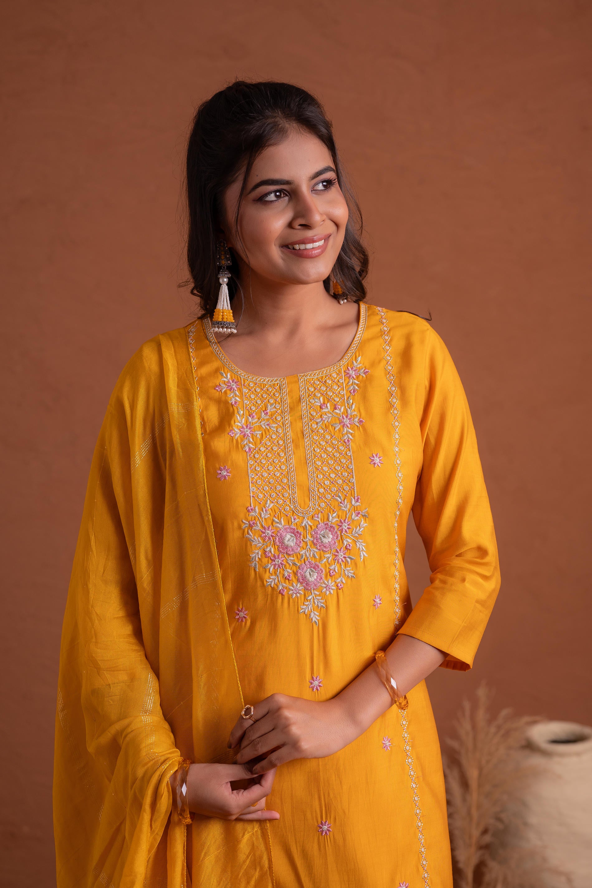 Mustard Poly Viscose Straight Kurta Pant And Dupatta Set with Thread & Sequence Work