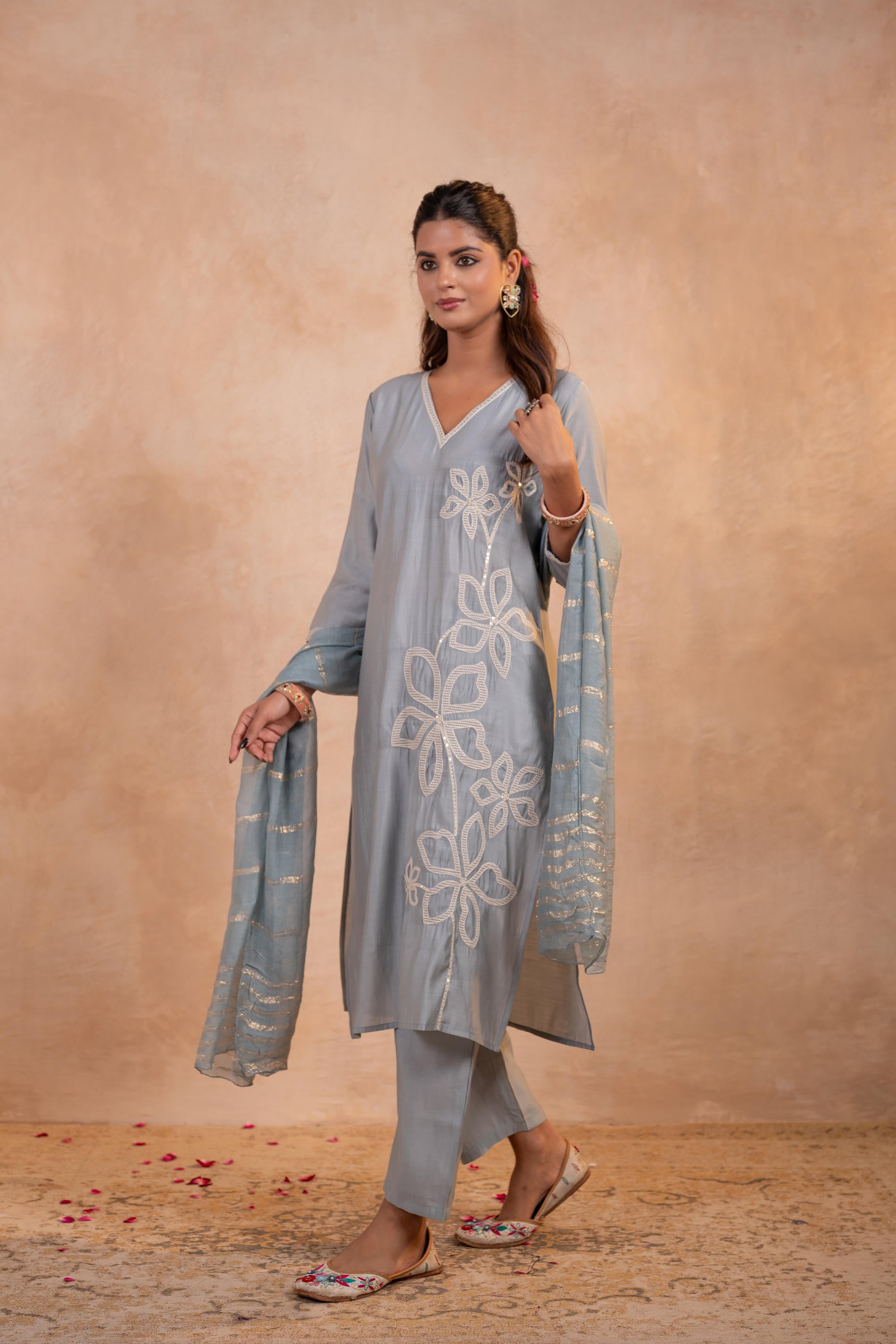 Gray Serenity Embroidered  Suit Set