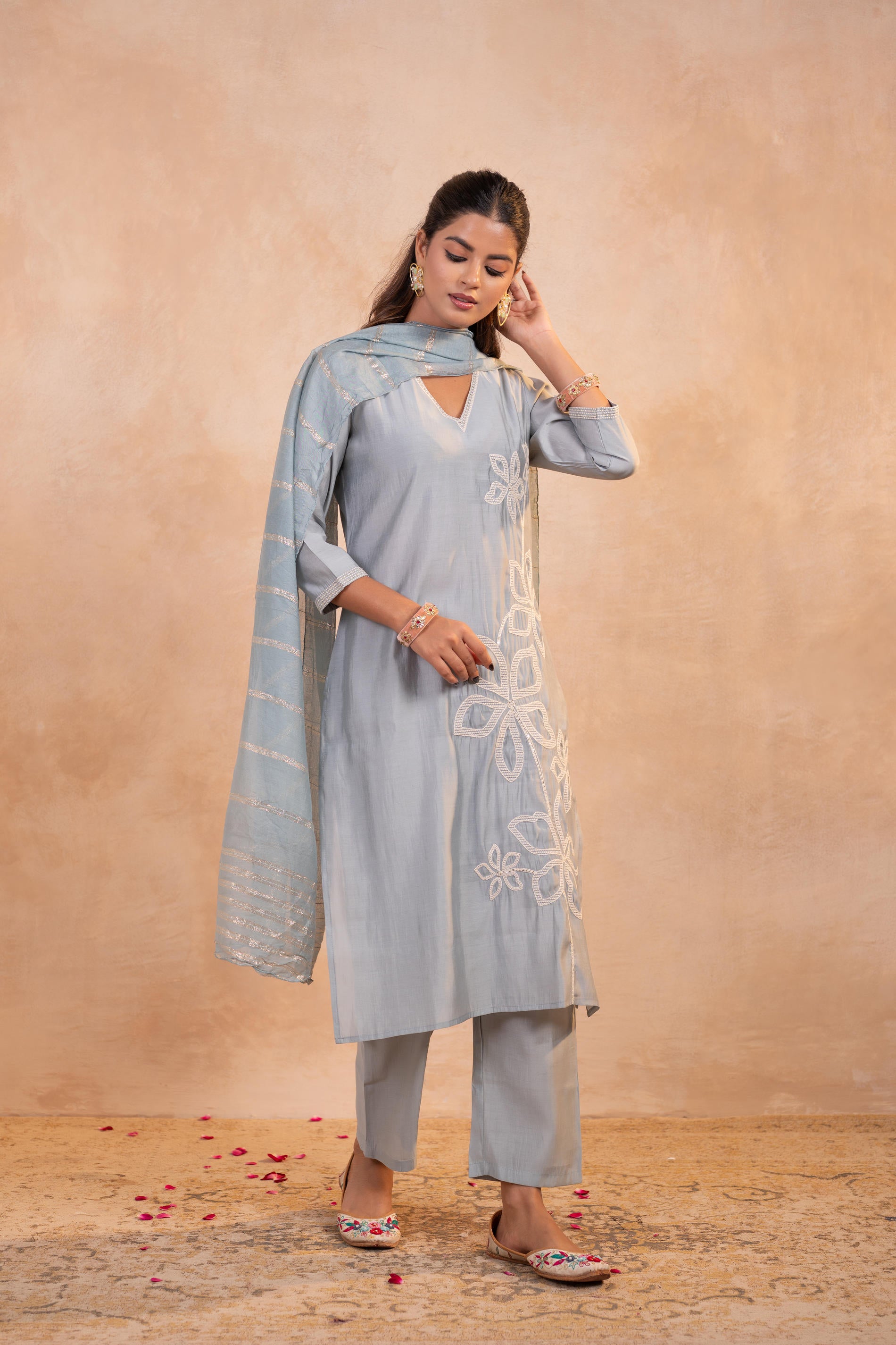 Gray Serenity Embroidered  Suit Set