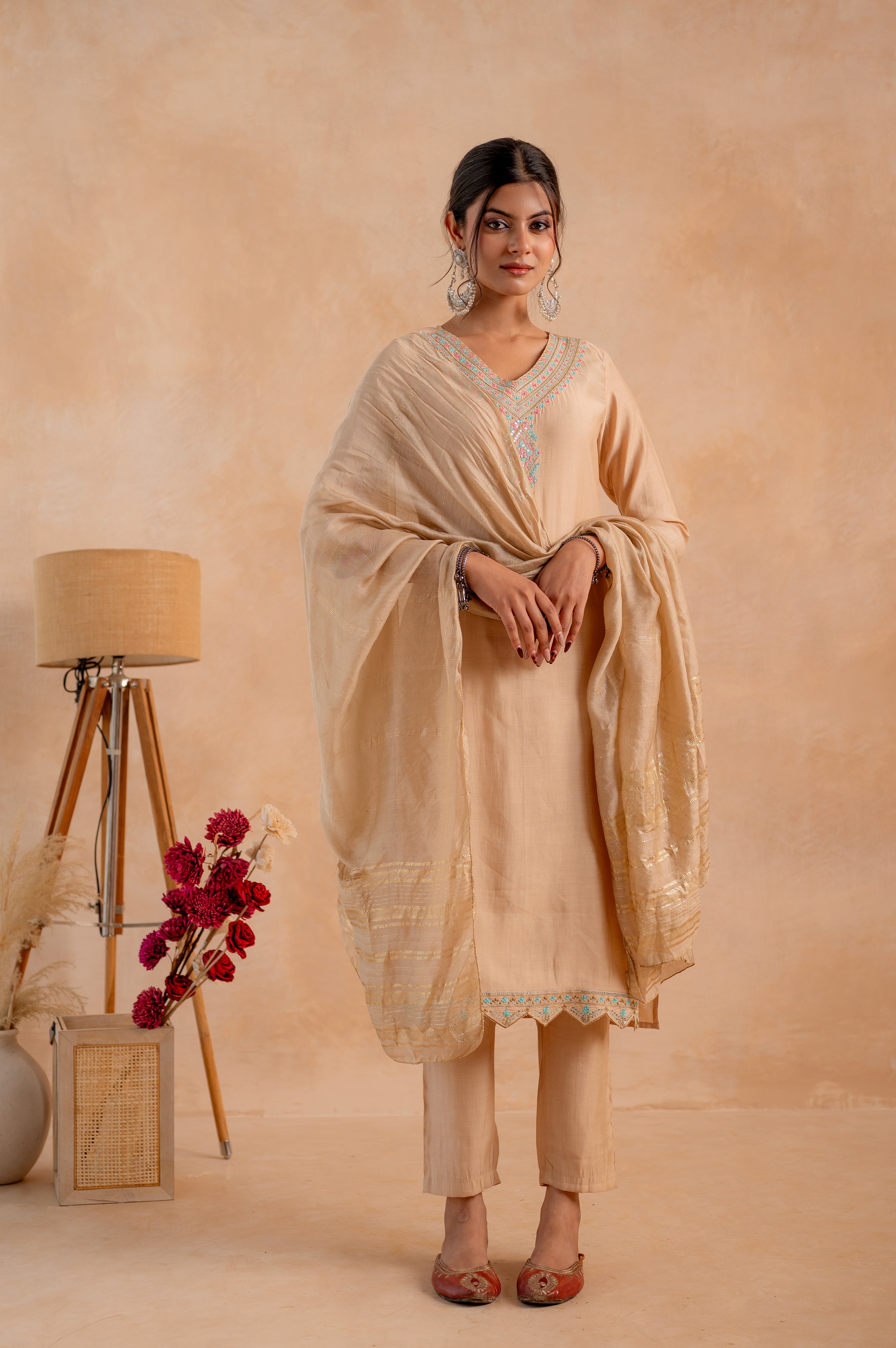 Beige Poly Viscose Straight Kurta Pant And Dupatta Set with Zari, Thread & Sequence Work