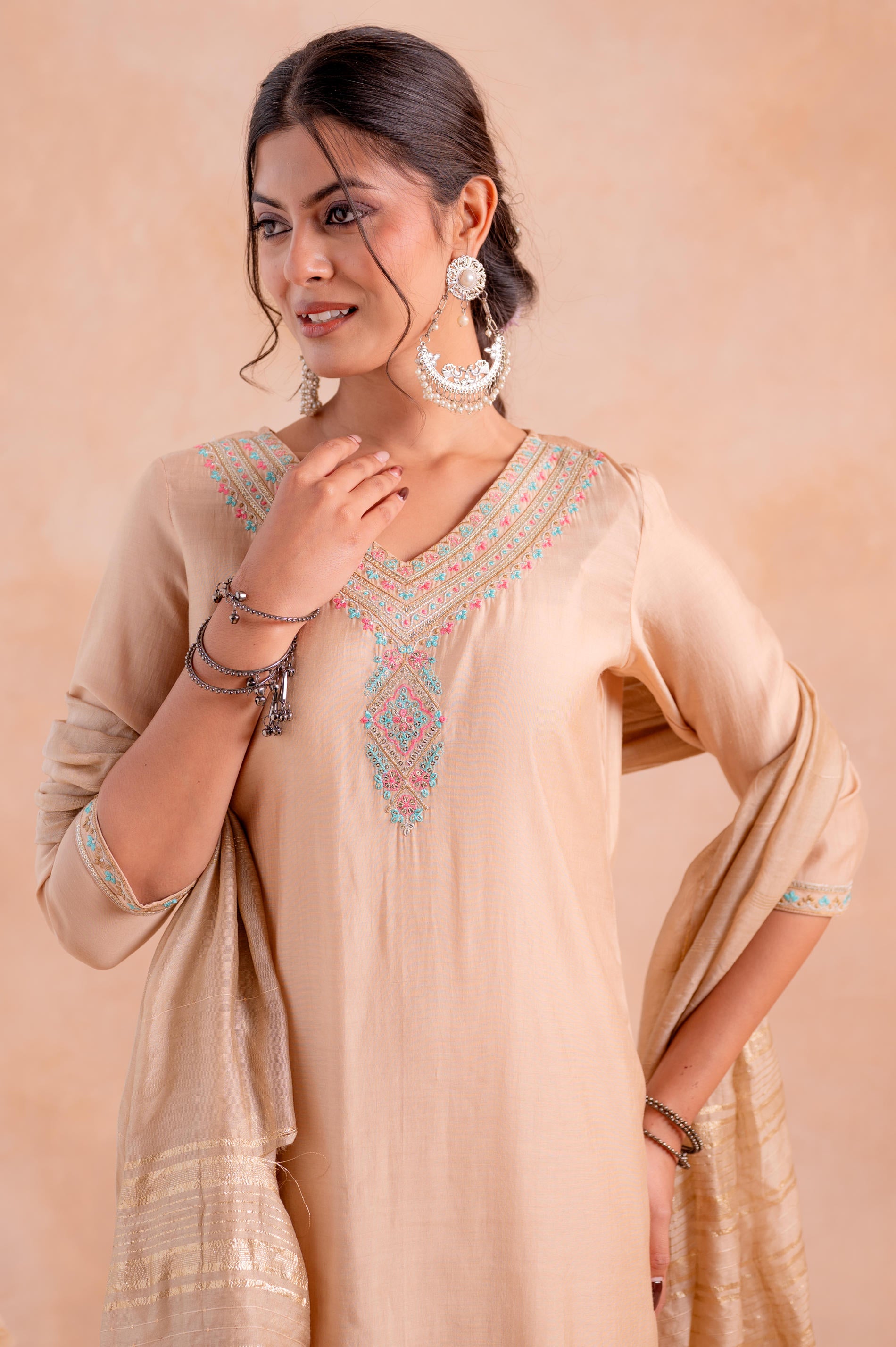 Beige Poly Viscose Straight Kurta Pant And Dupatta Set with Zari, Thread & Sequence Work
