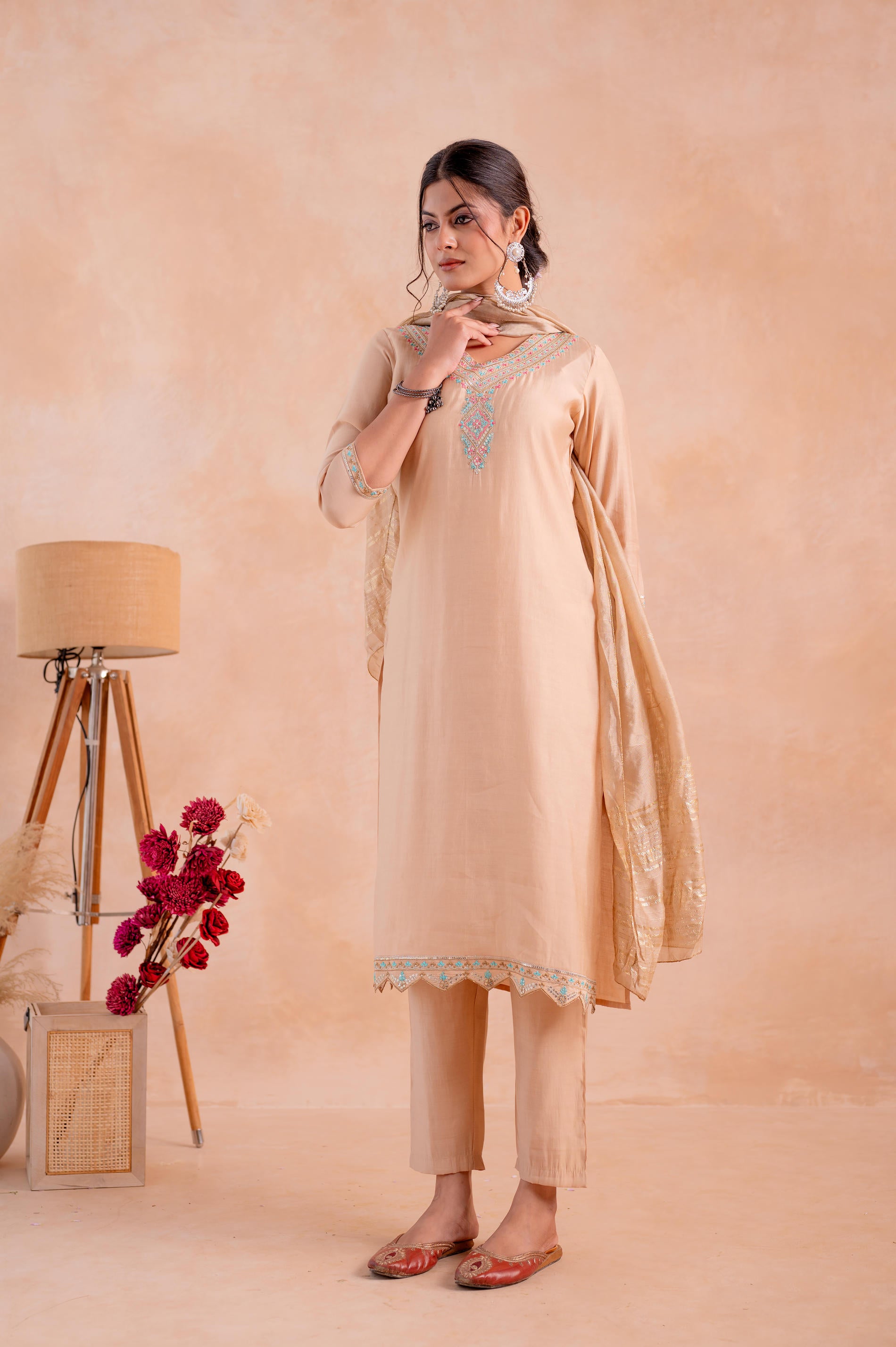 Beige Poly Viscose Straight Kurta Pant And Dupatta Set with Zari, Thread & Sequence Work