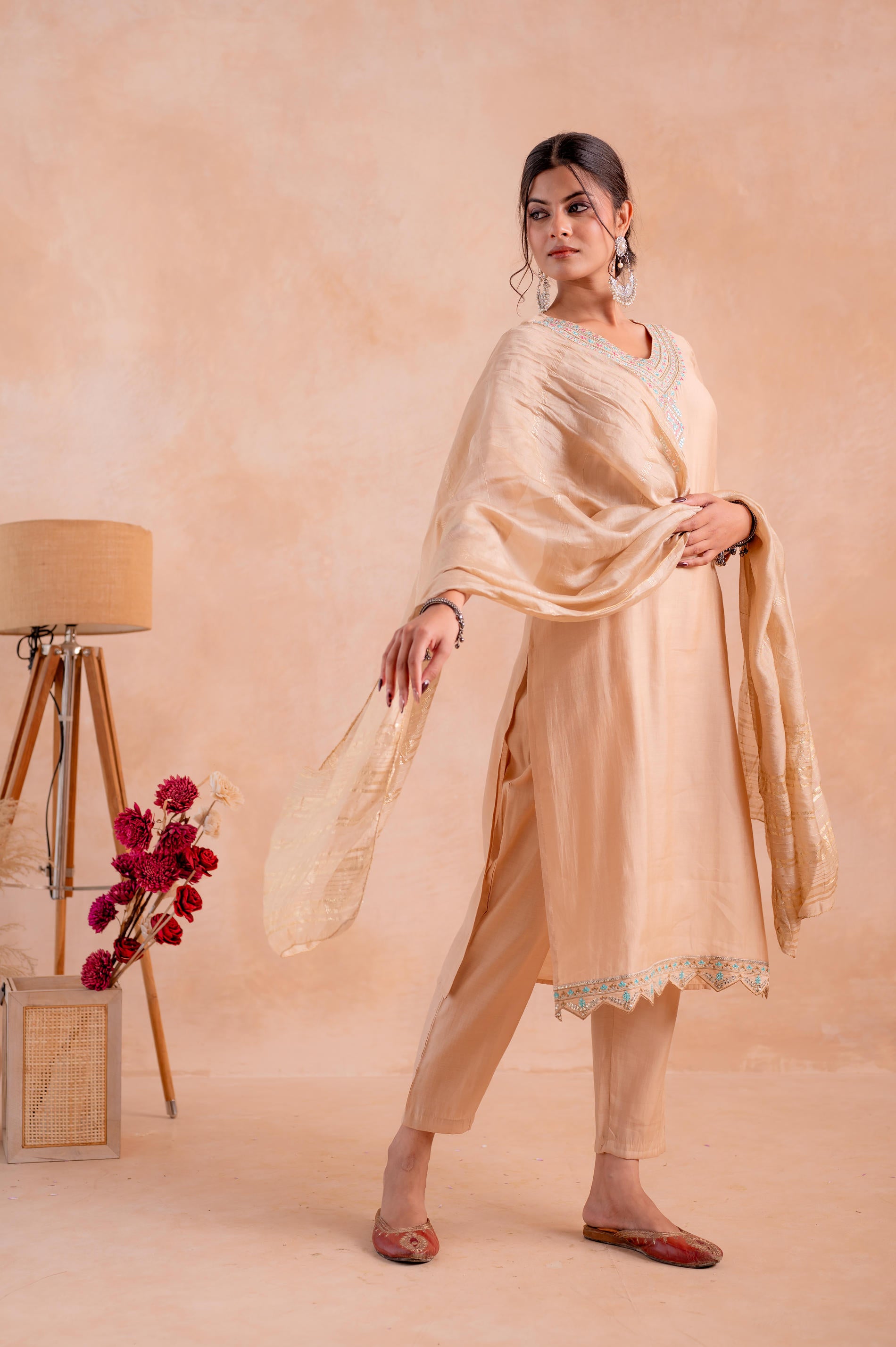 Beige Poly Viscose Straight Kurta Pant And Dupatta Set with Zari, Thread & Sequence Work
