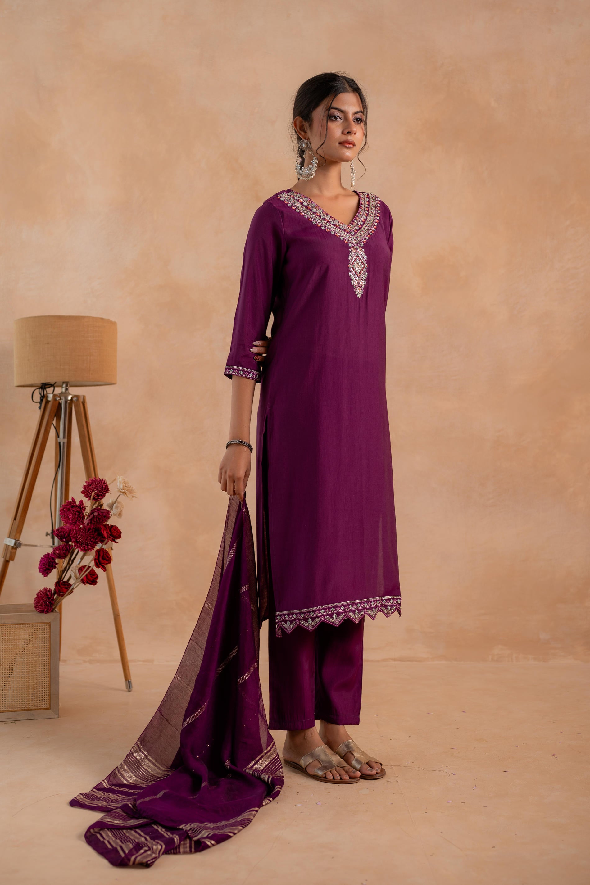Maroon Poly Viscose Straight Kurta Pant And Dupatta Set with Zari, Thread & Sequence Work
