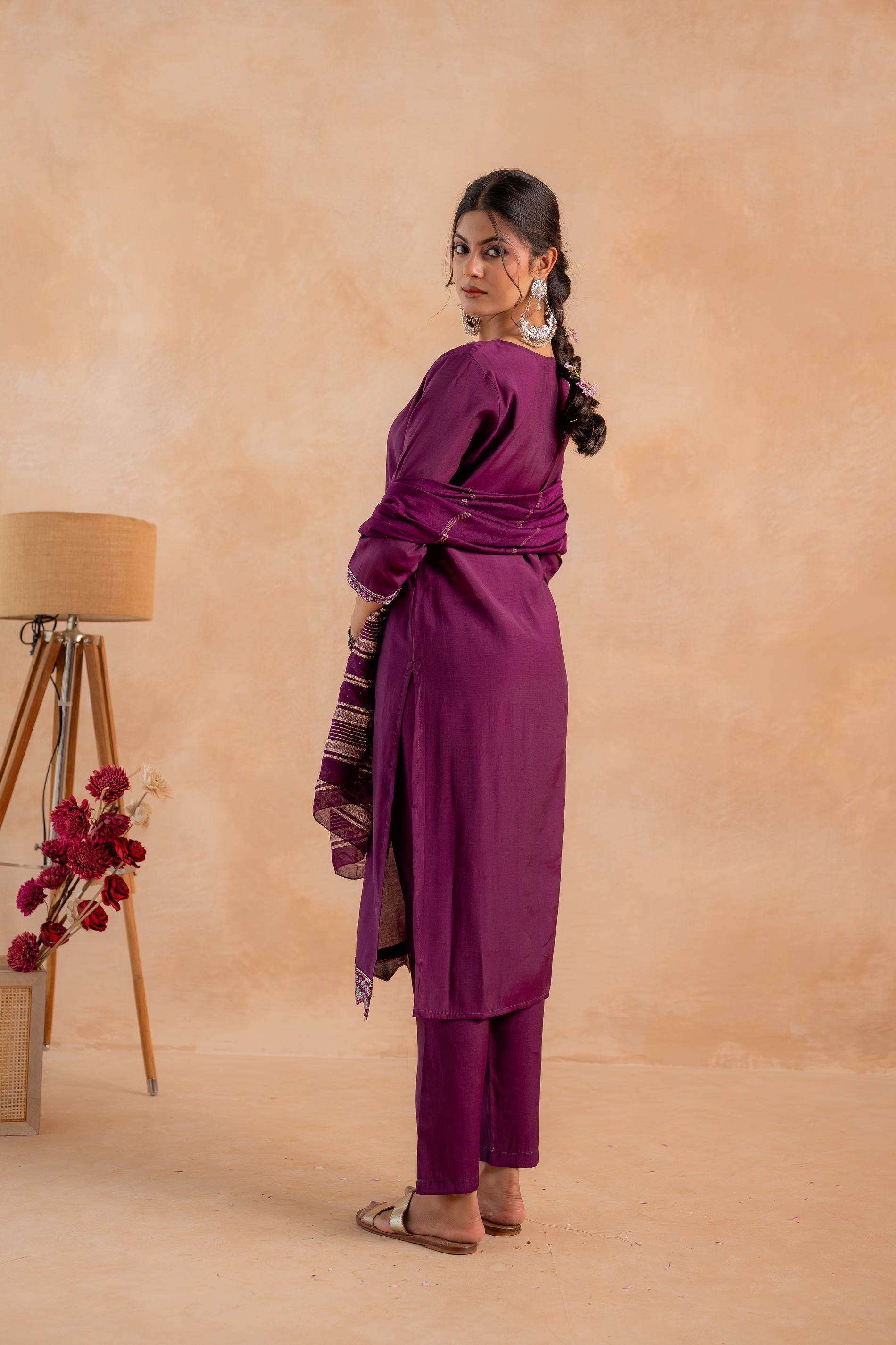 Maroon Poly Viscose Straight Kurta Pant And Dupatta Set with Zari, Thread & Sequence Work