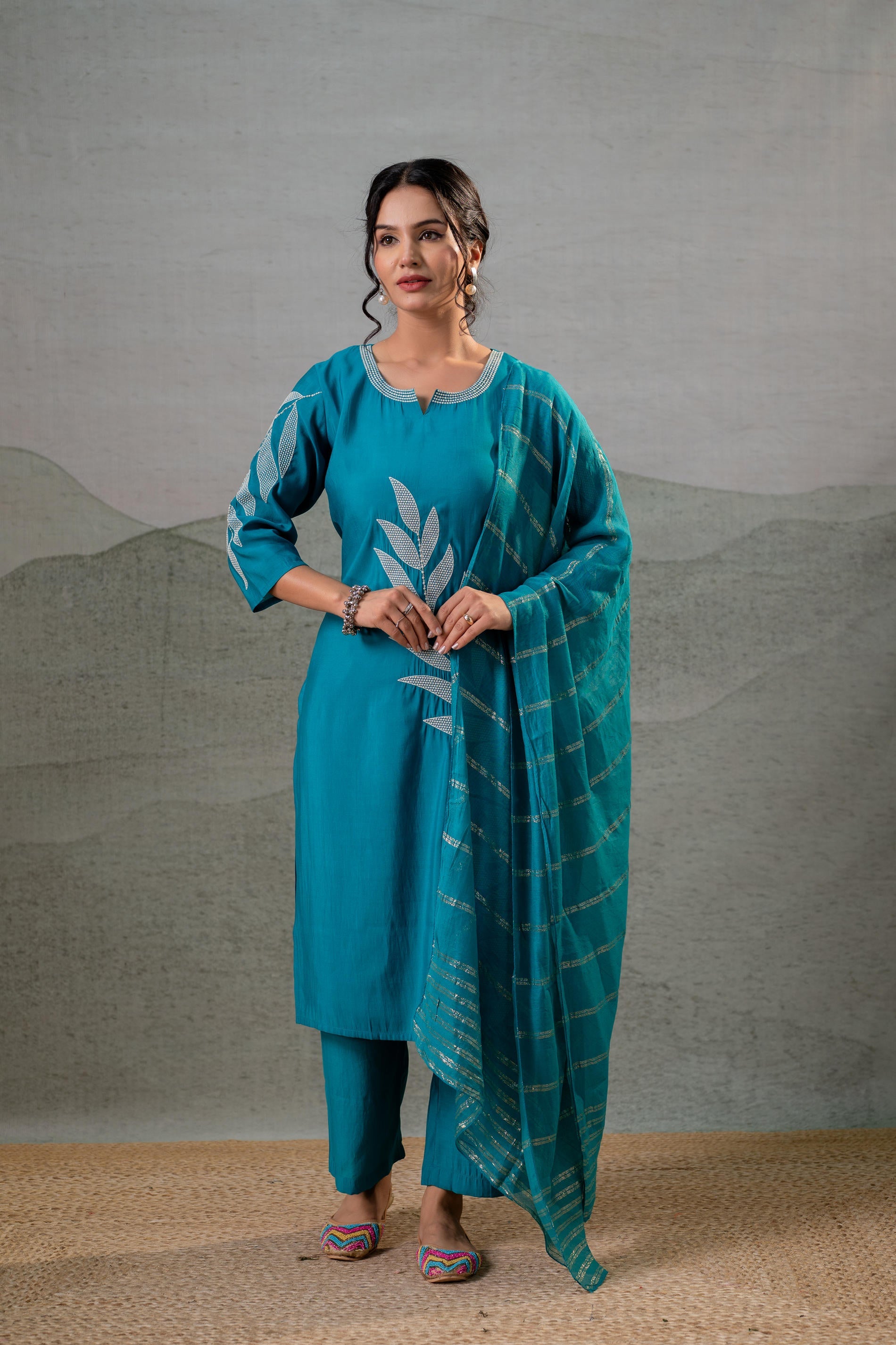 Rama, Leaf-Print Straight Kurta Set with Pant & Zari-Lined Dupatta