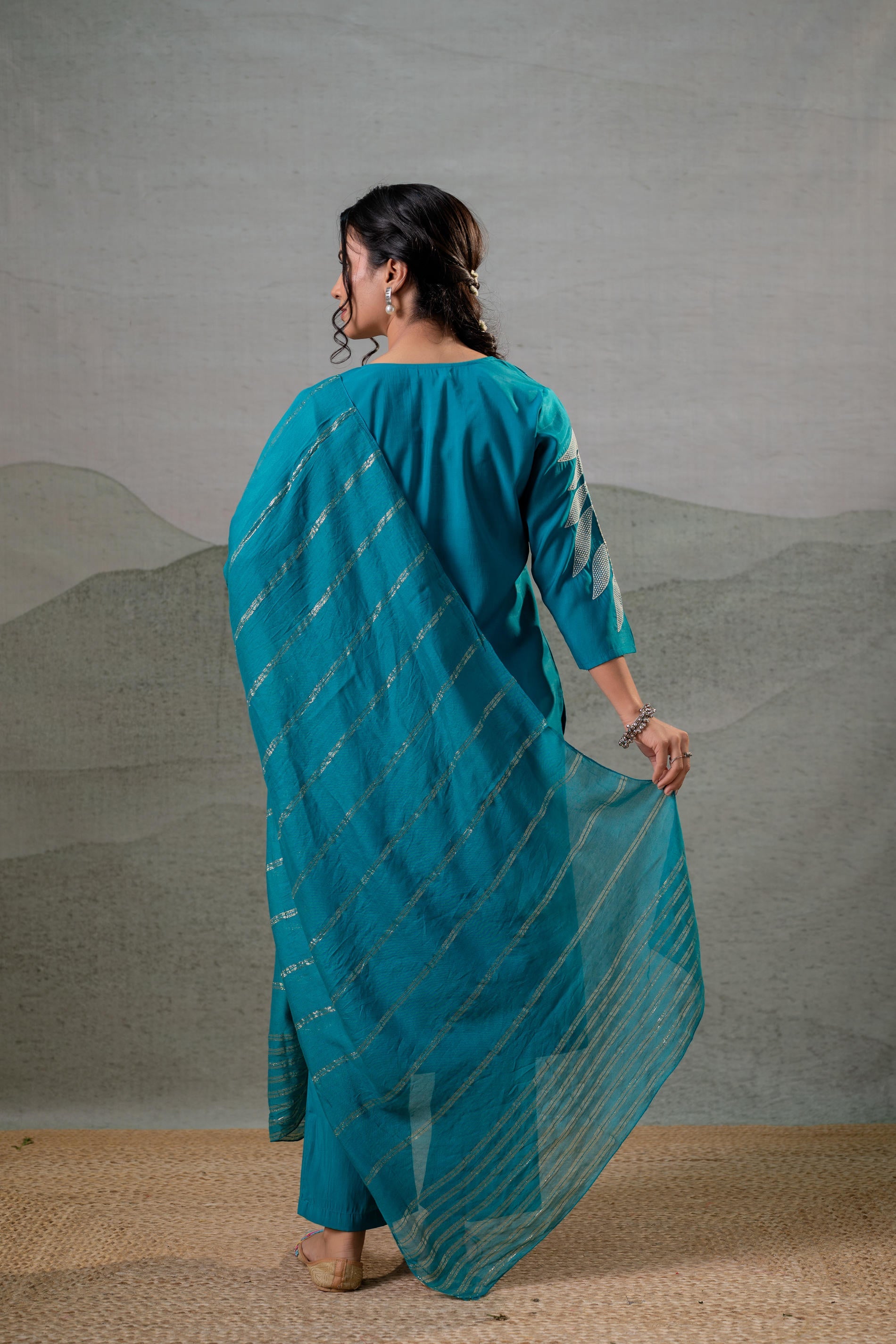 Rama, Leaf-Print Straight Kurta Set with Pant & Zari-Lined Dupatta