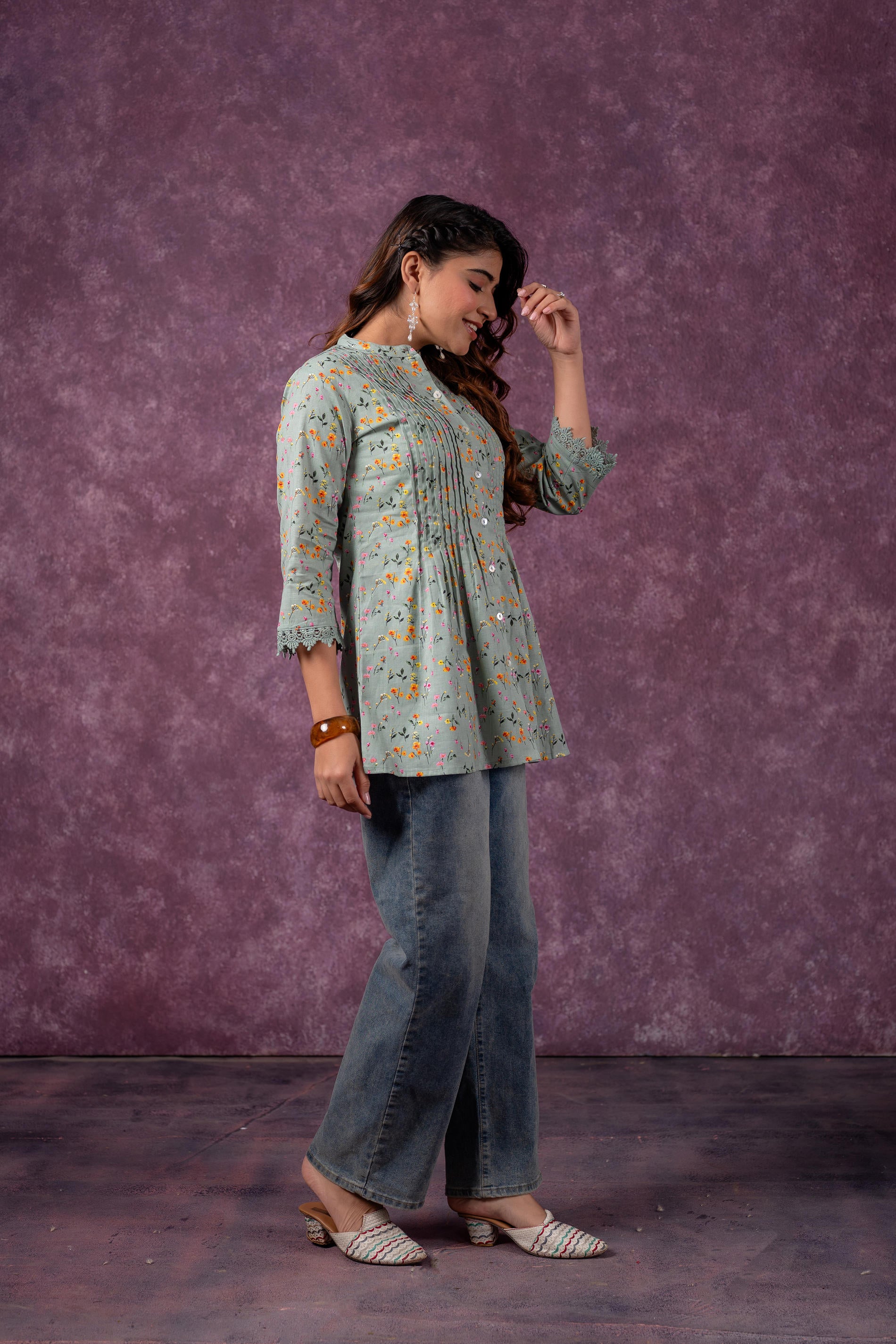 Sage Green Blossom Printed Short Peplum Kurti with Lace Sleeves