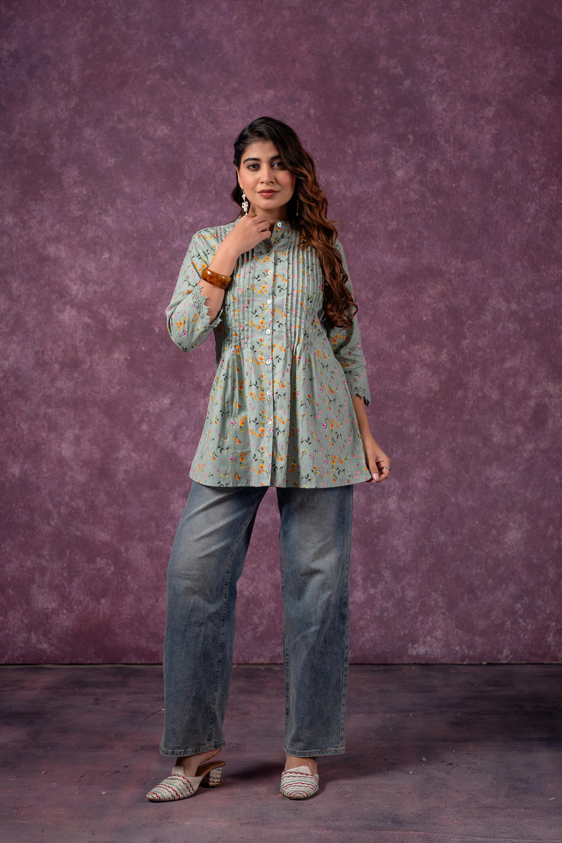 Sage Green Blossom Printed Short Peplum Kurti with Lace Sleeves