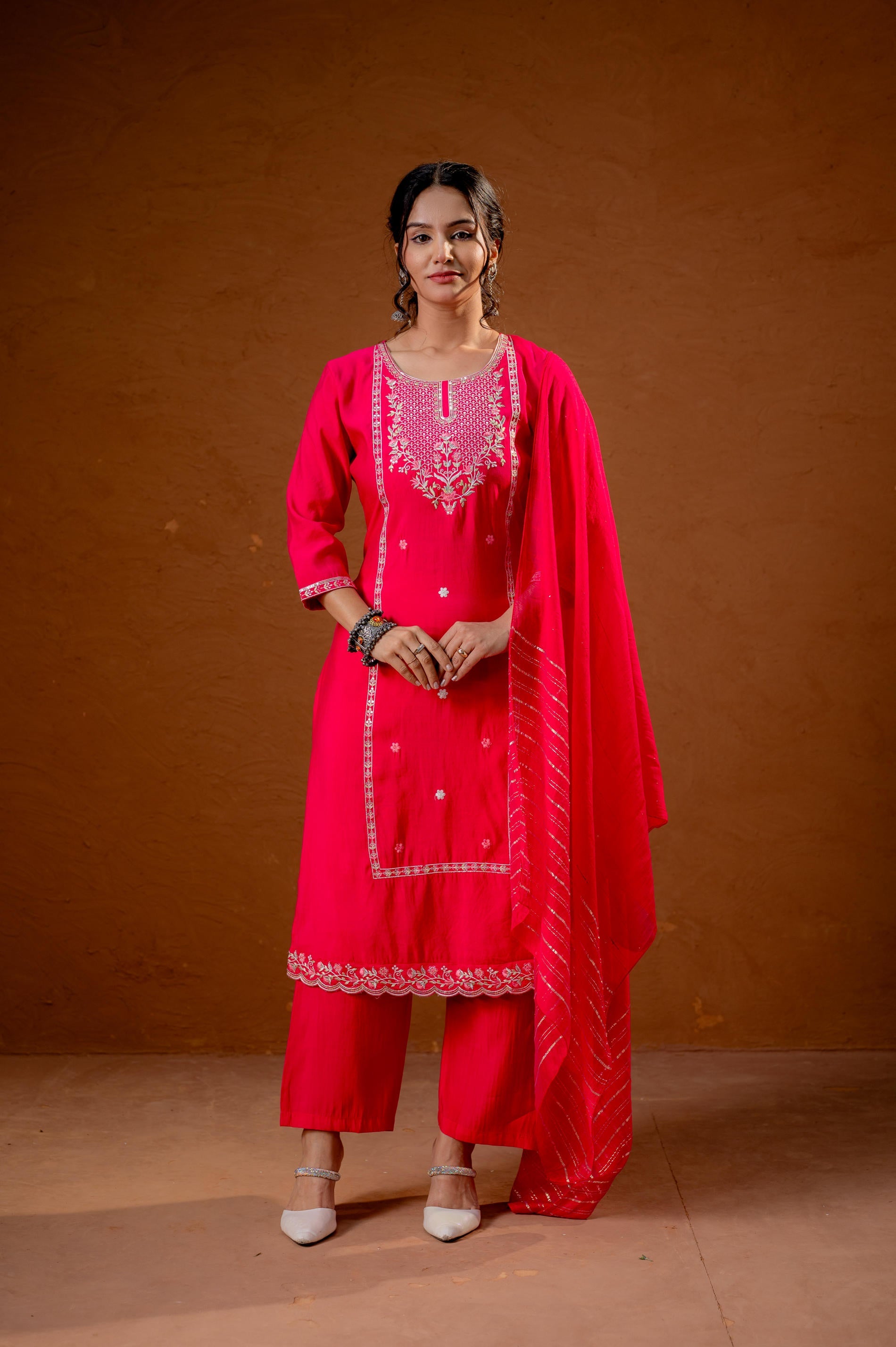 Fuchsia,Zari Embroidered Straight Kurta Set with Matching Pant & Dupatta