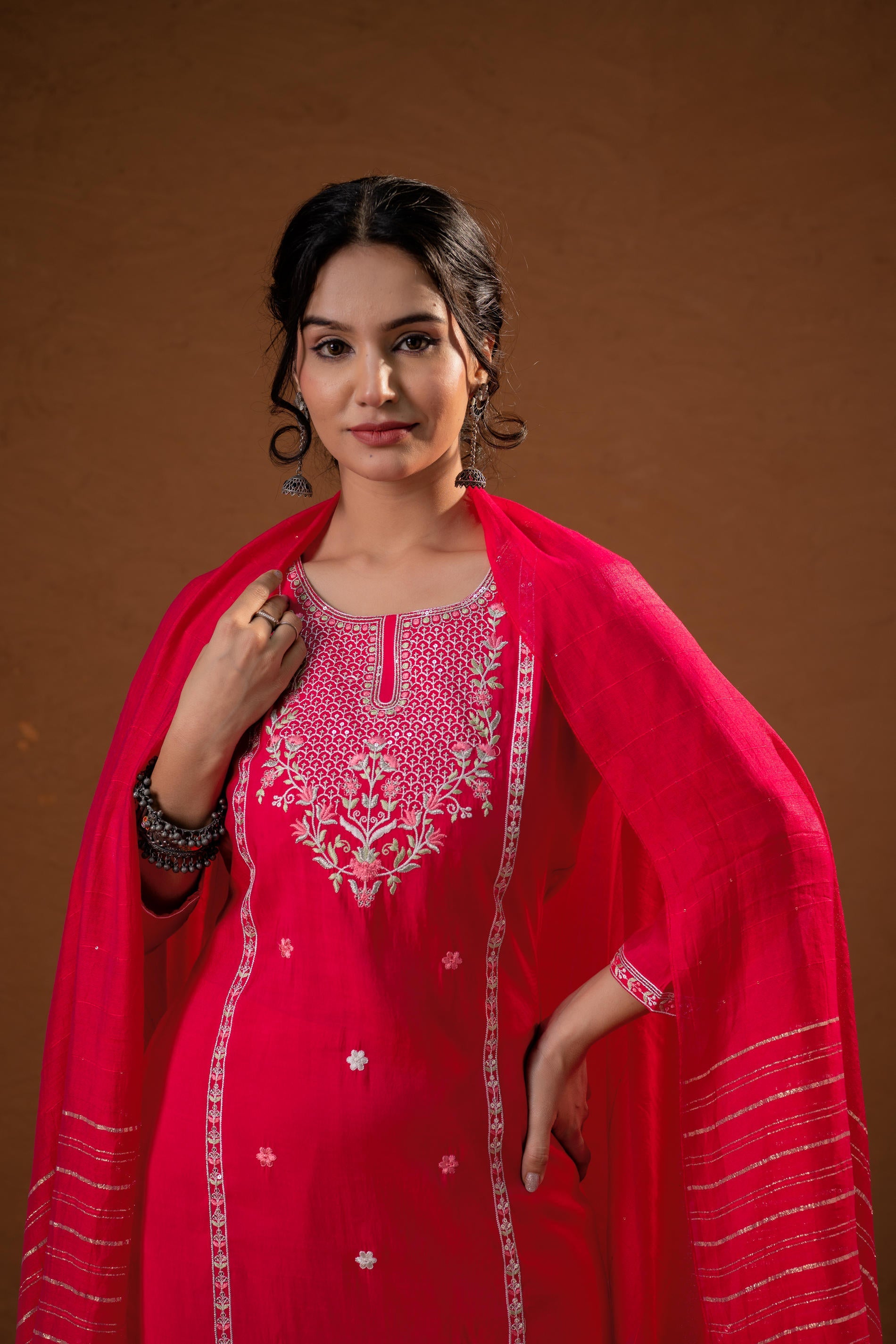 Fuchsia,Zari Embroidered Straight Kurta Set with Matching Pant & Dupatta