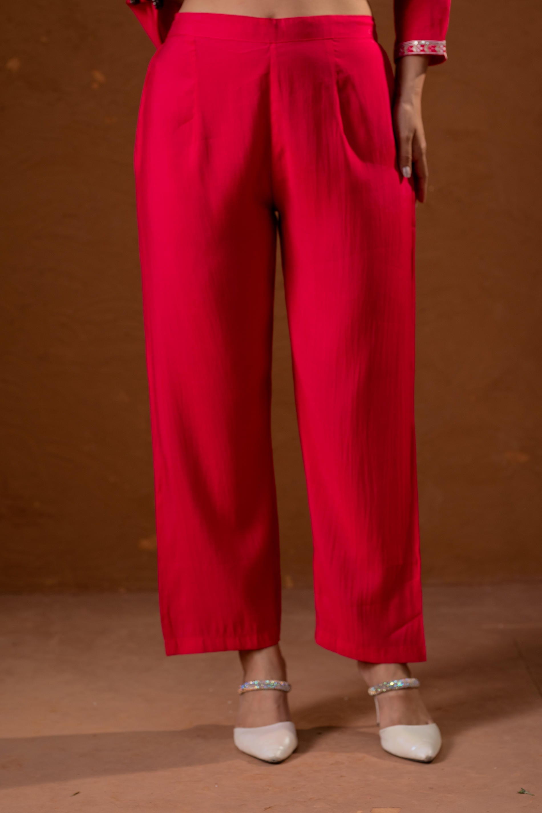 Fuchsia,Zari Embroidered Straight Kurta Set with Matching Pant & Dupatta