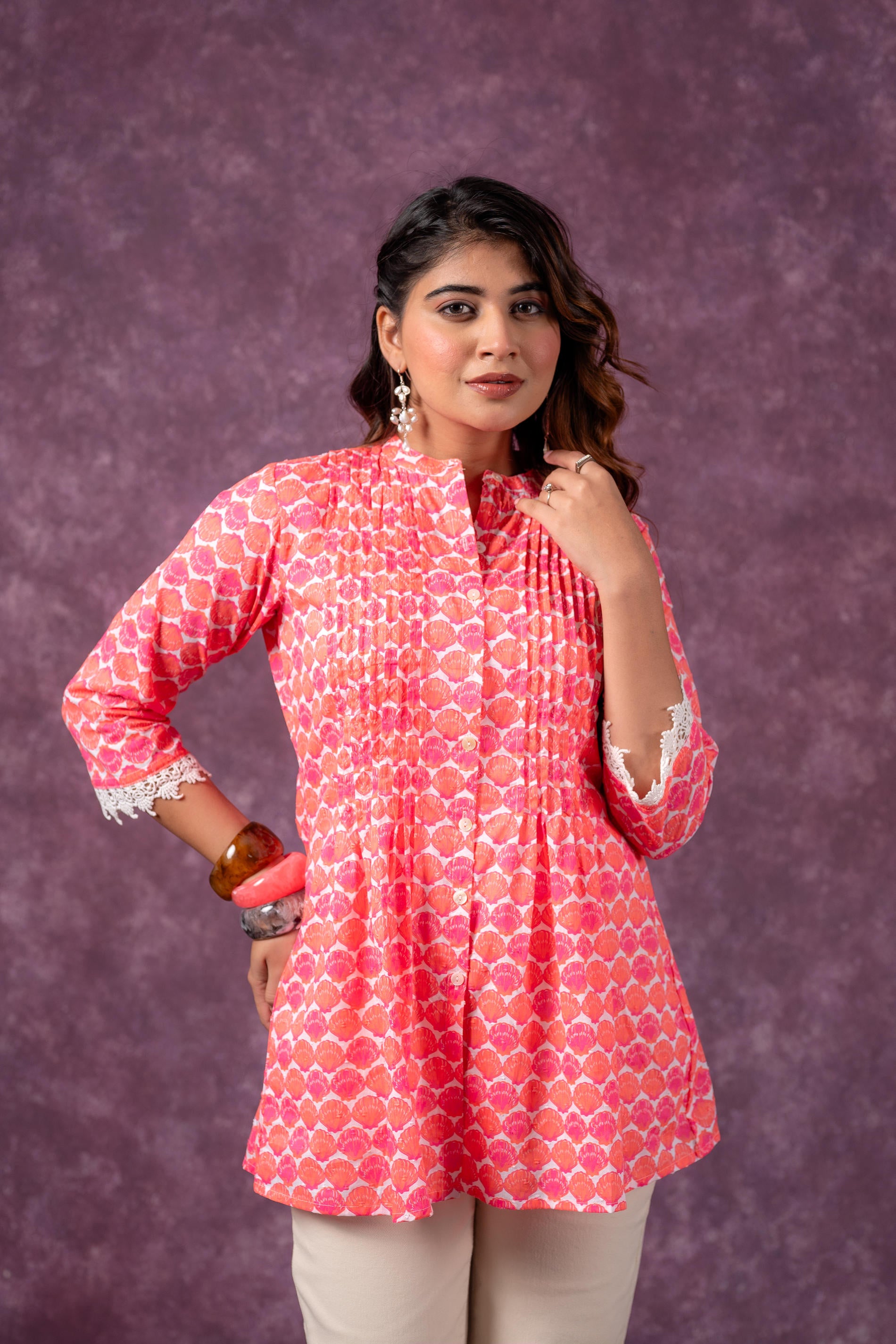 Orange Blossom Printed Short Peplum Kurti with Lace Sleeves