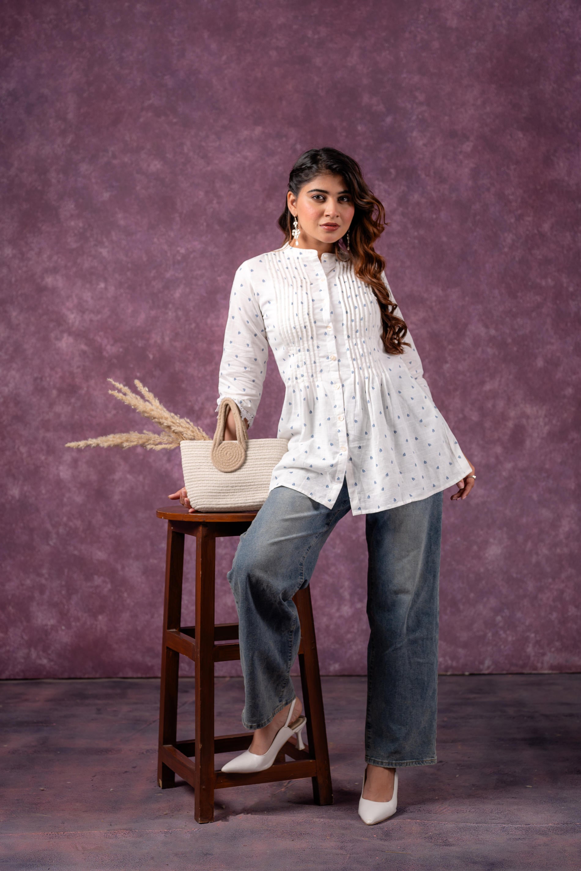 Cloud Blossom Printed Short Peplum Kurti with Lace Sleeves