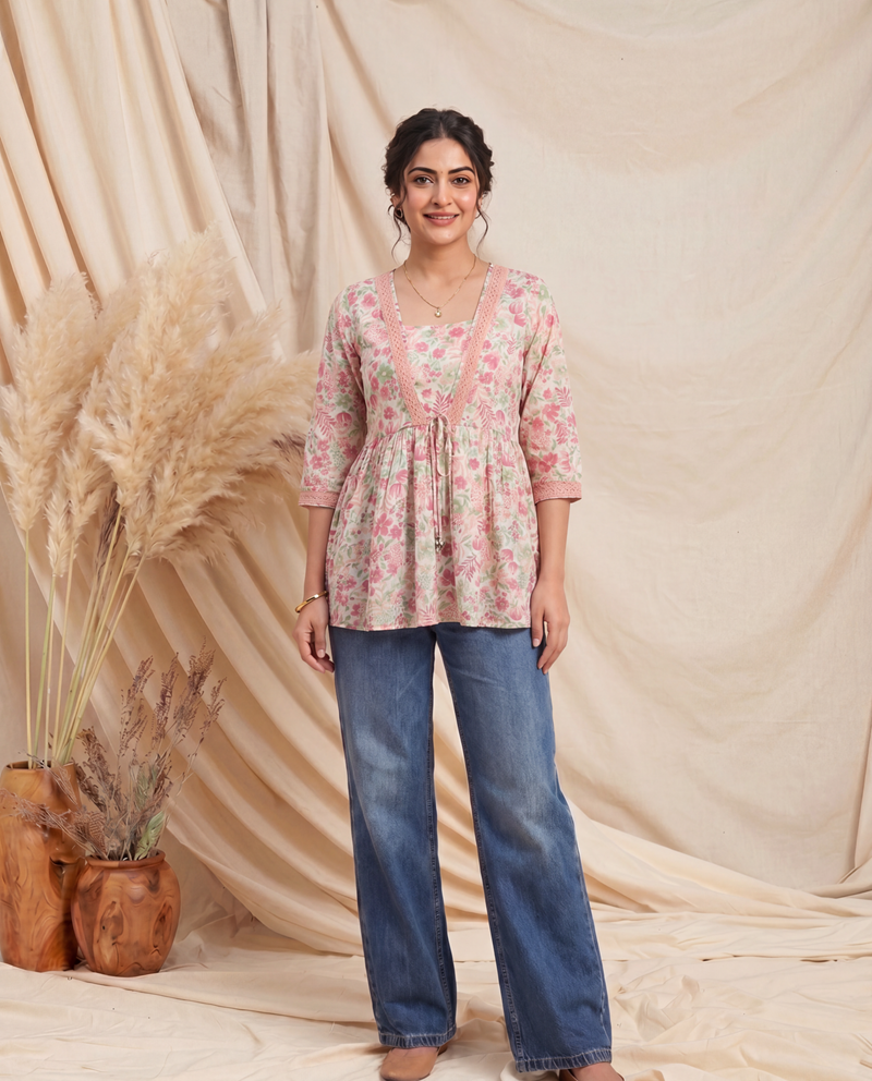 White & Multi Floral Printed Cotton Tunic