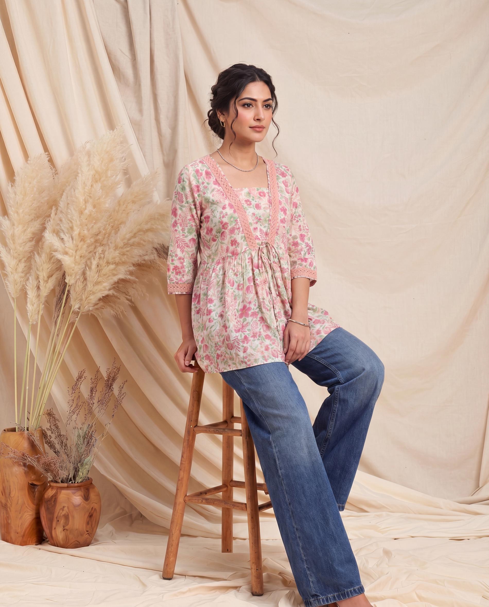 White & Multi Floral Printed Cotton Tunic