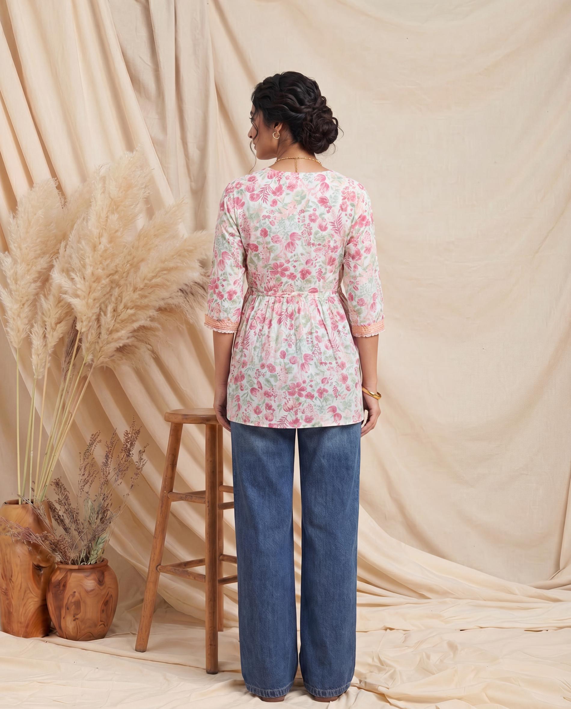 White & Multi Floral Printed Cotton Tunic