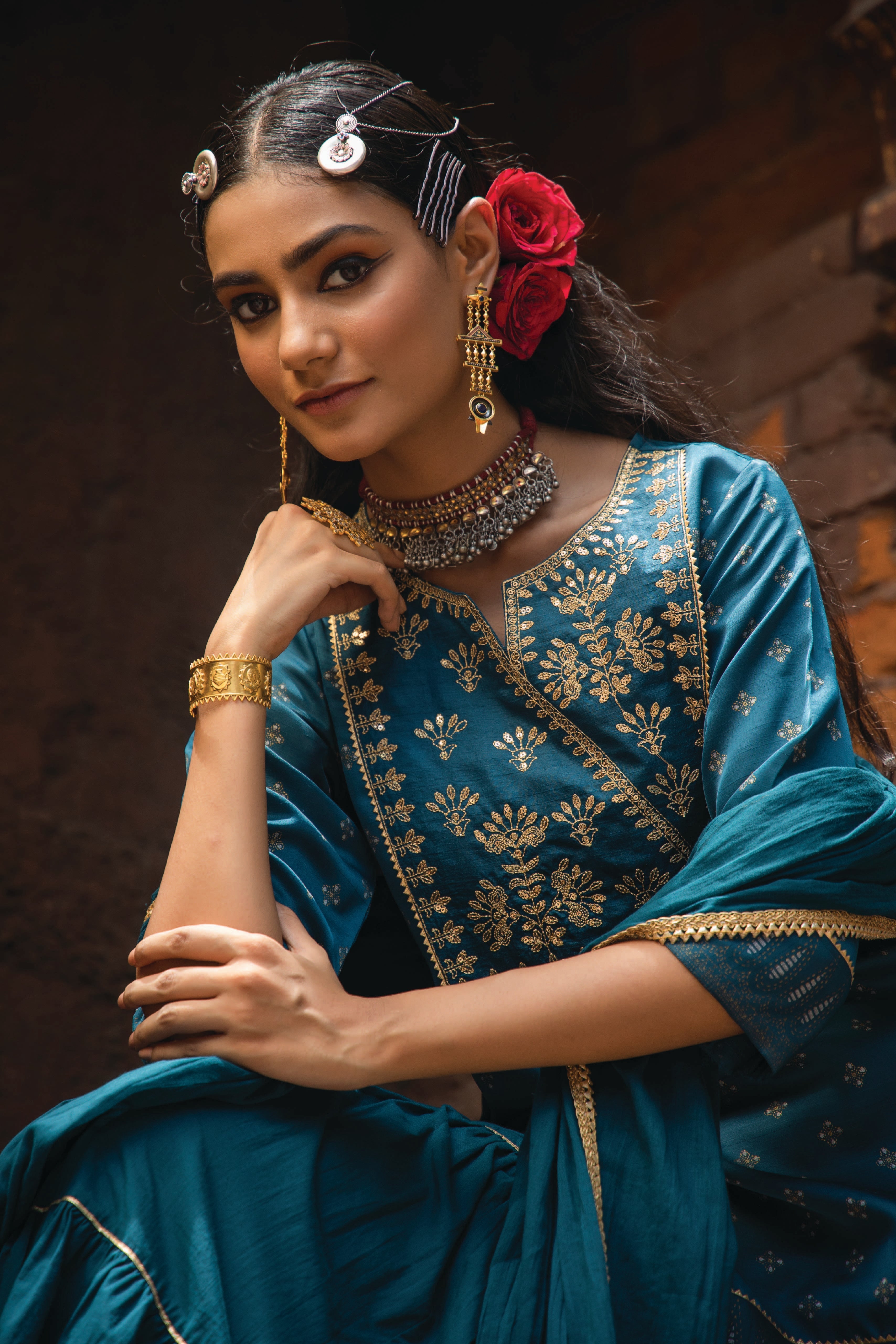 Juniper Teal Ethnic Motif Printed Satin Slub with Zari Embroidery Kurta Sharara & Dupatta Set.
