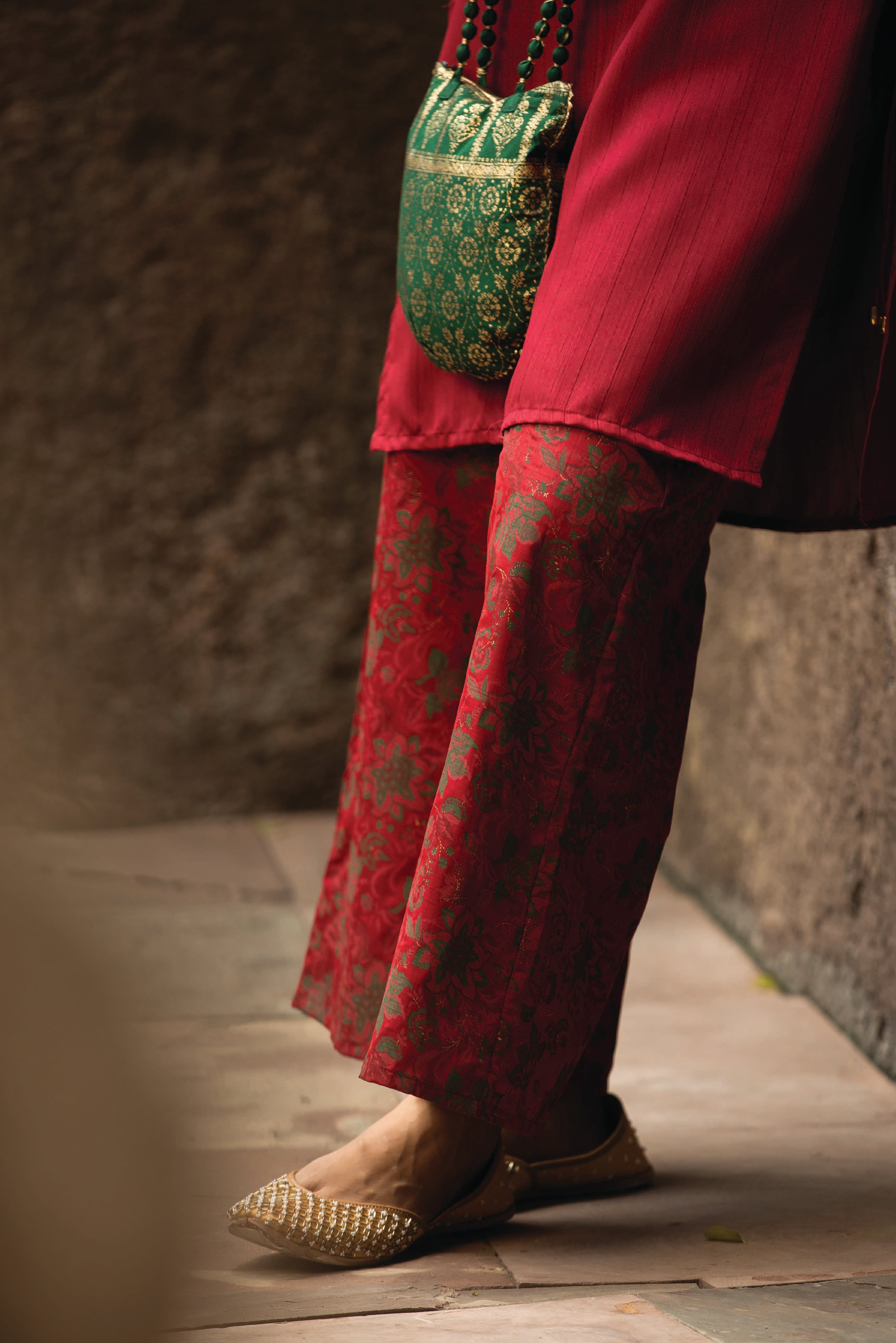 Juniper Maroon Satin Slub  Festive Printed Straight Kurta Suit Set For Women