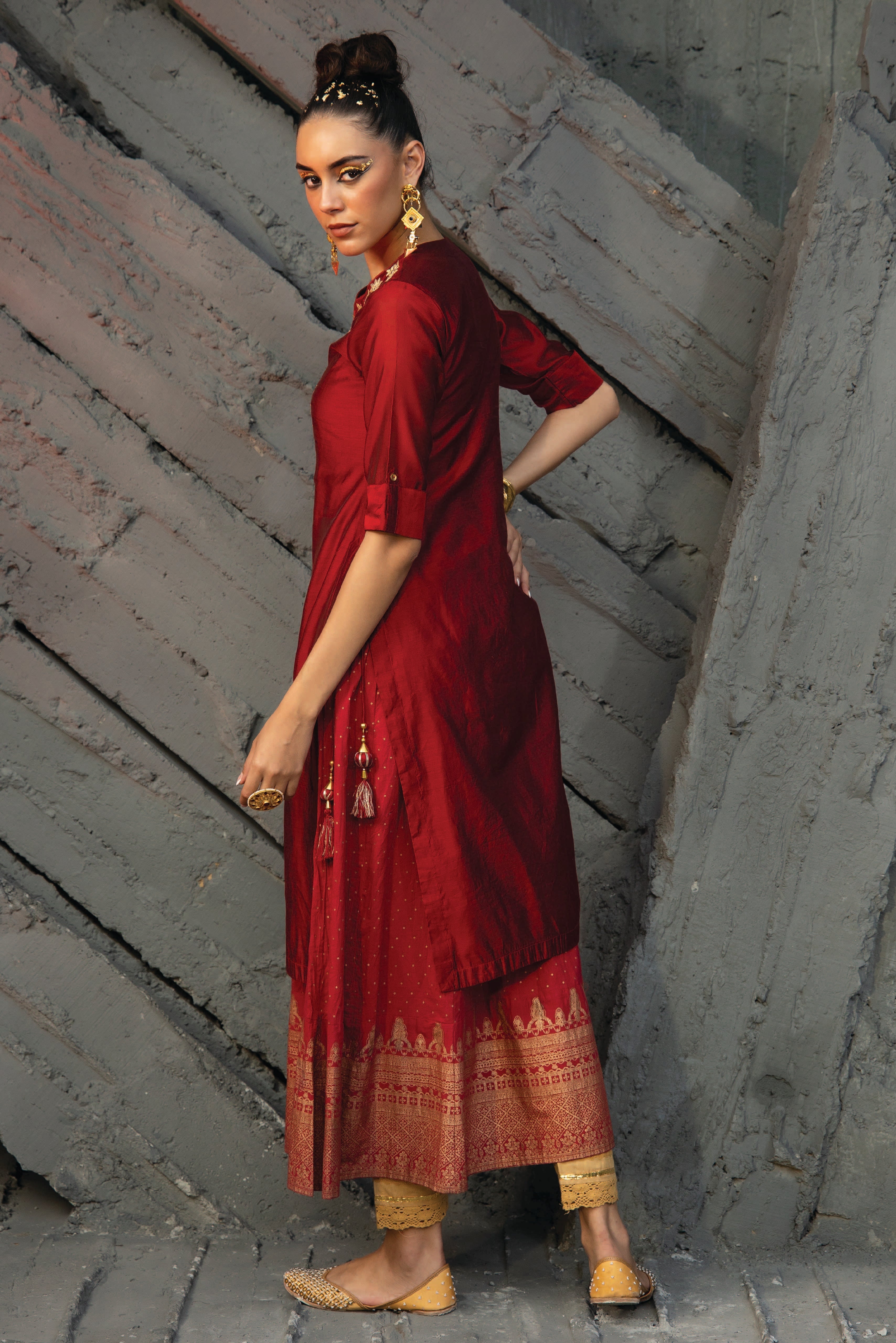 Juniper Maroon Chanderi Festive Flared Kurta For Women