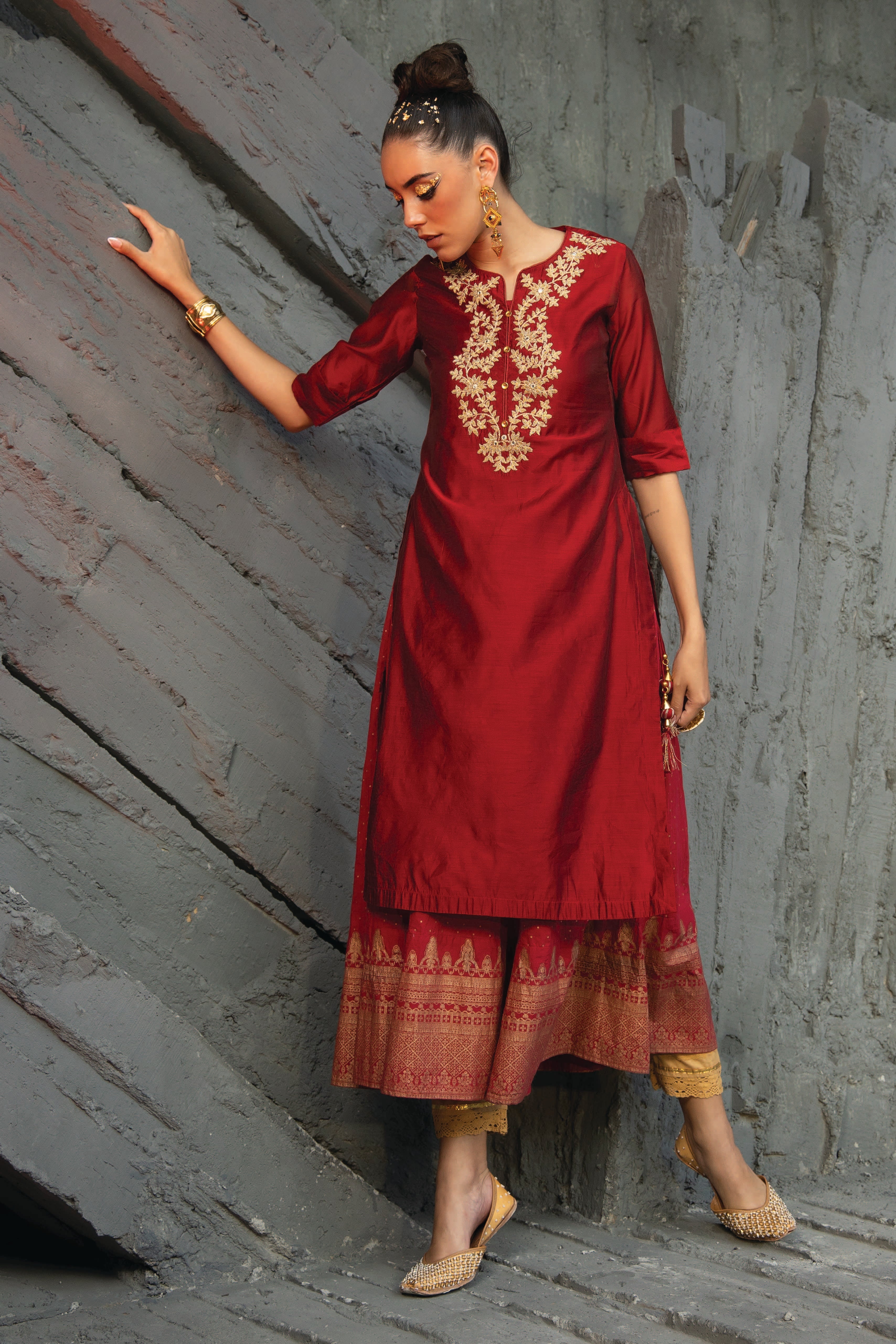 Juniper Maroon Chanderi Festive Flared Kurta For Women