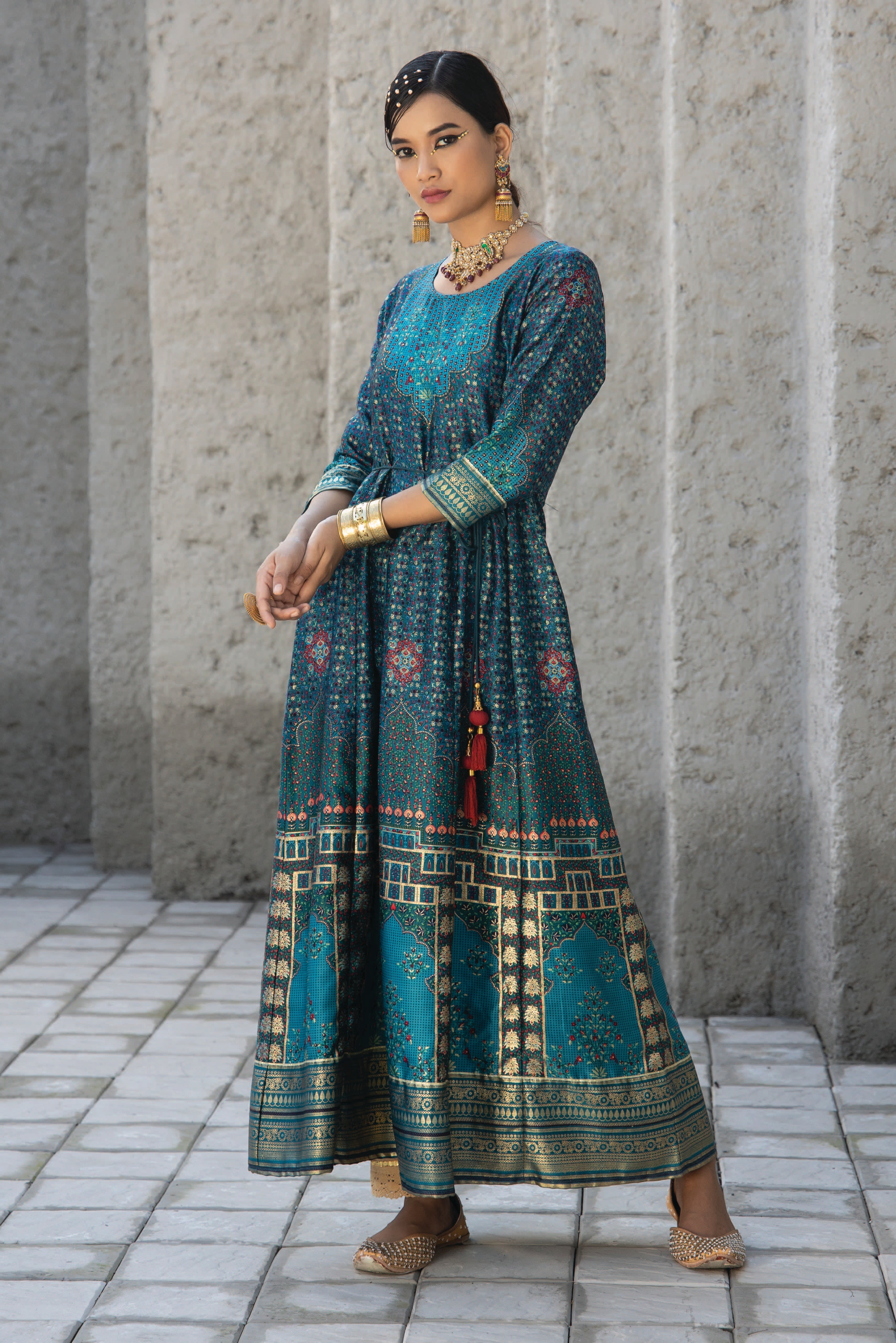 Juniper Teal Ethnic Motif Printed Satin Anarkali Dress with Bead Work