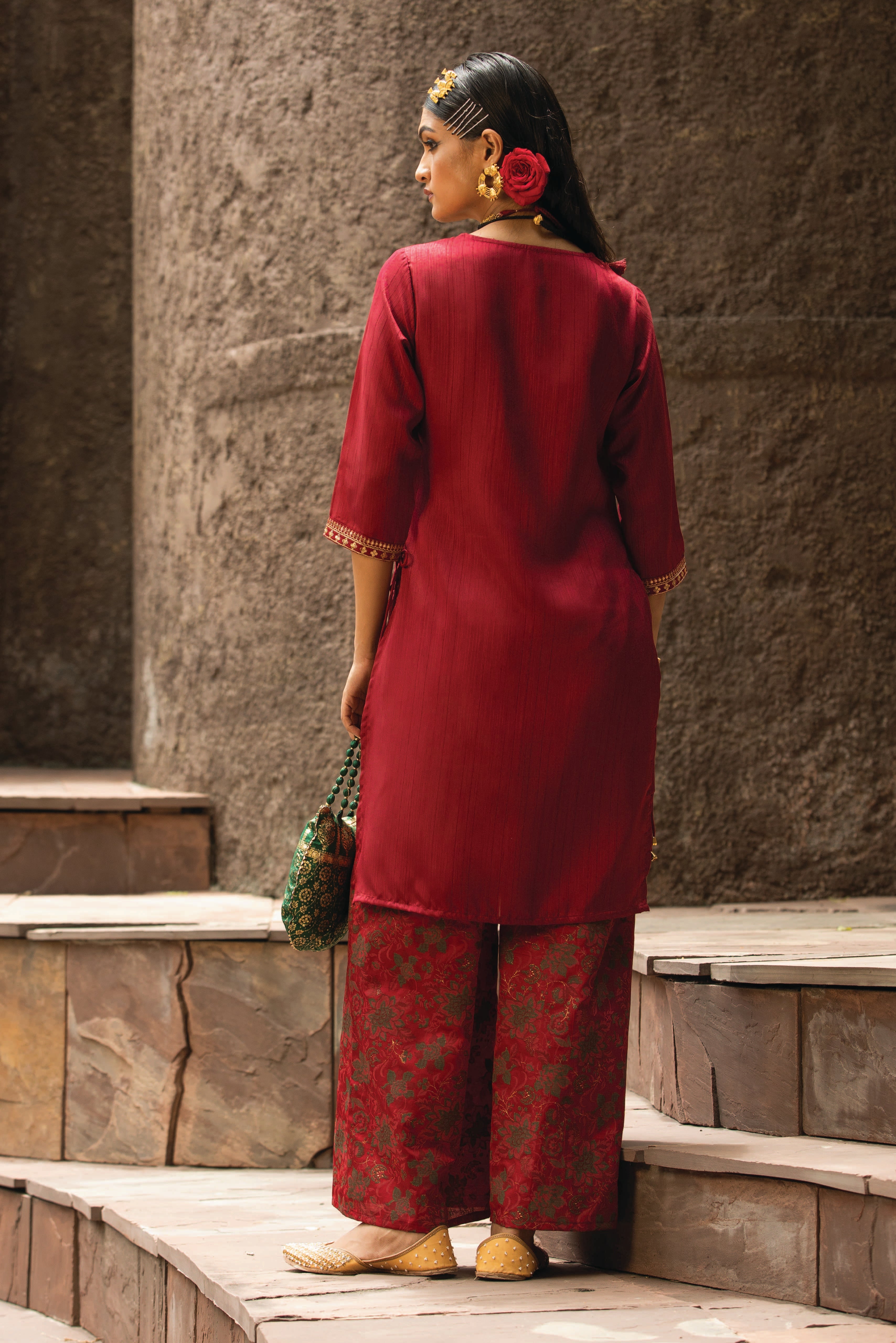 Juniper Maroon Satin Slub  Festive Printed Straight Kurta Suit Set For Women