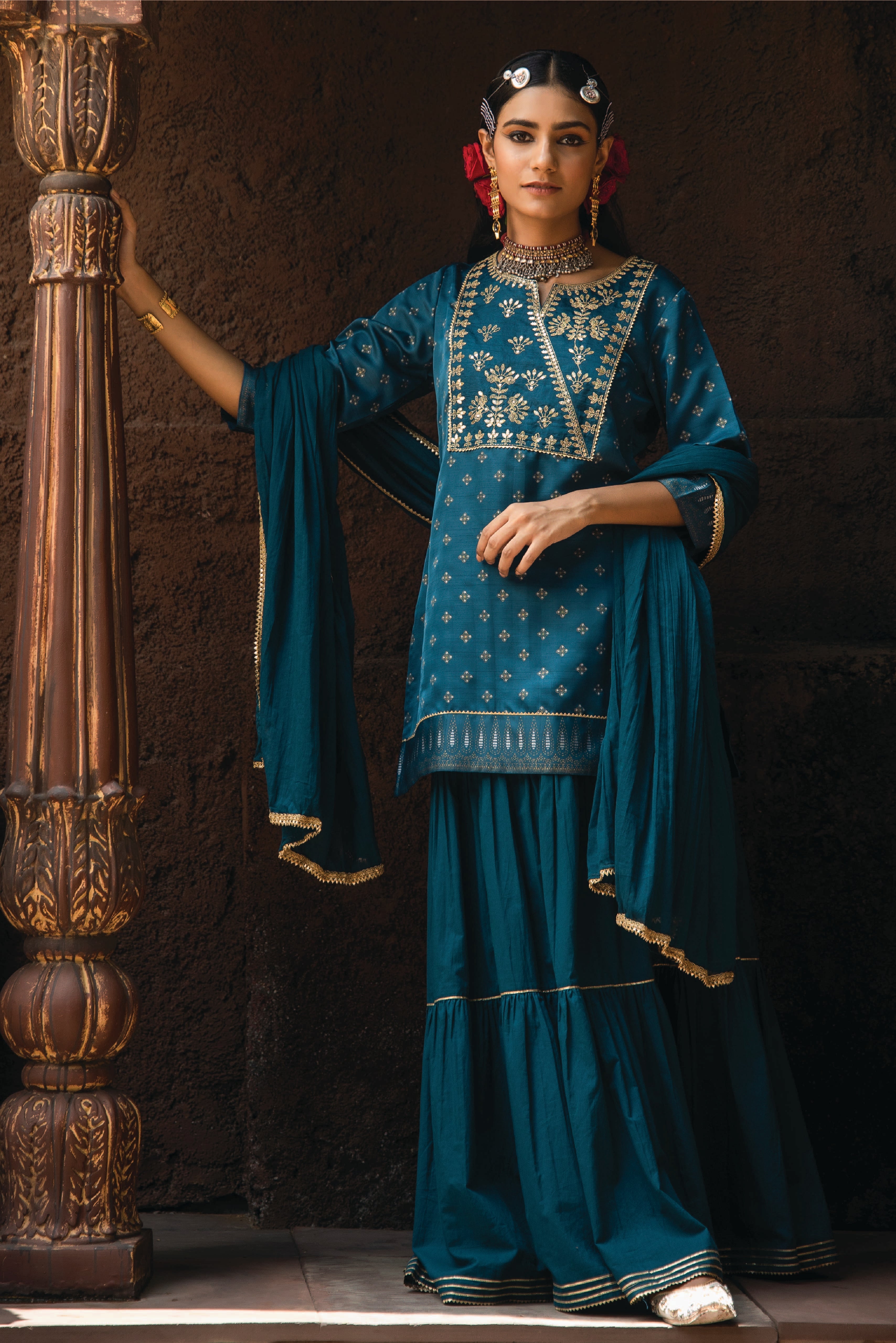 Juniper Teal Ethnic Motif Printed Satin Slub with Zari Embroidery Kurta Sharara & Dupatta Set.