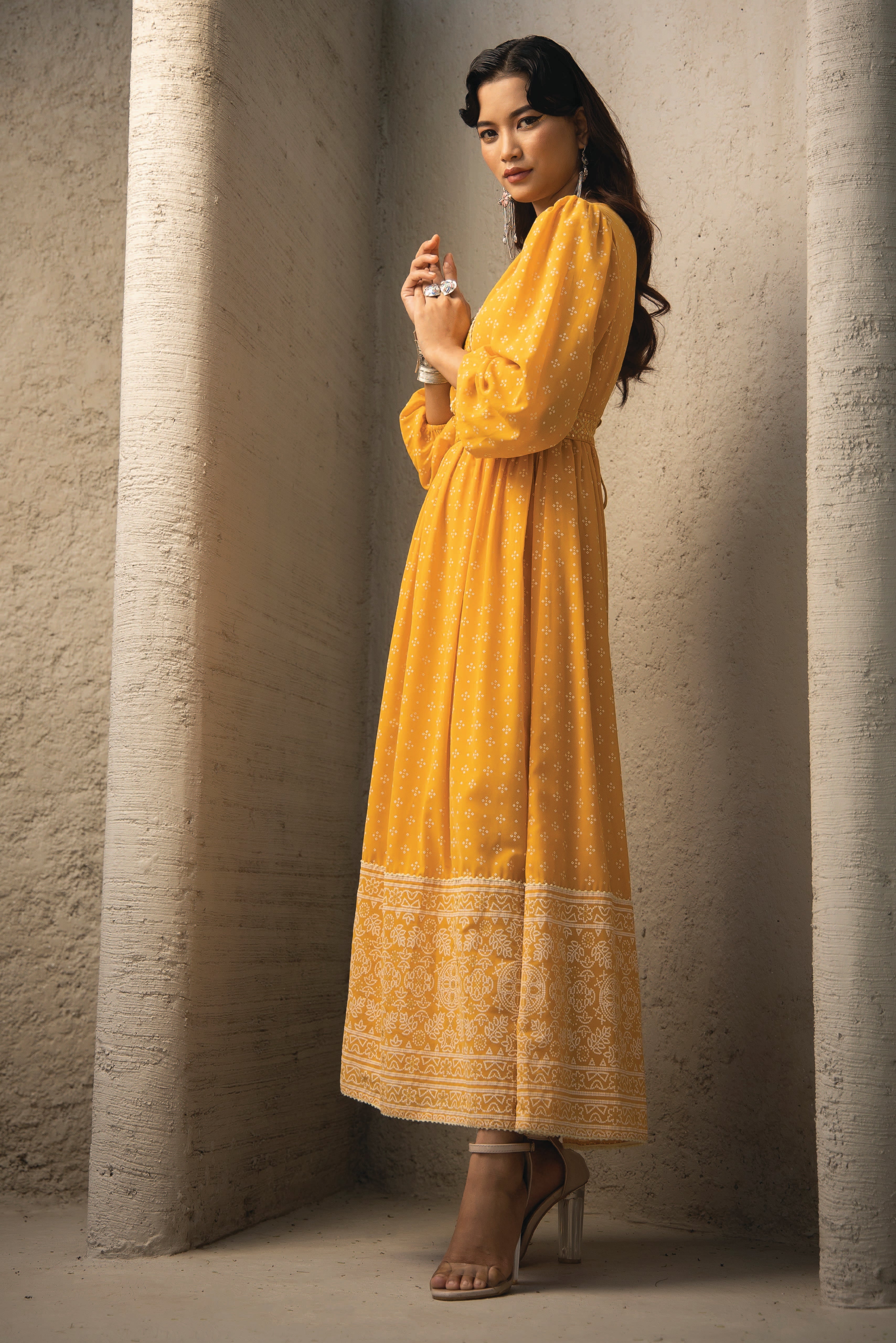 Juniper Mustard Georgette Festive Khadi Print Flared Dress For Women