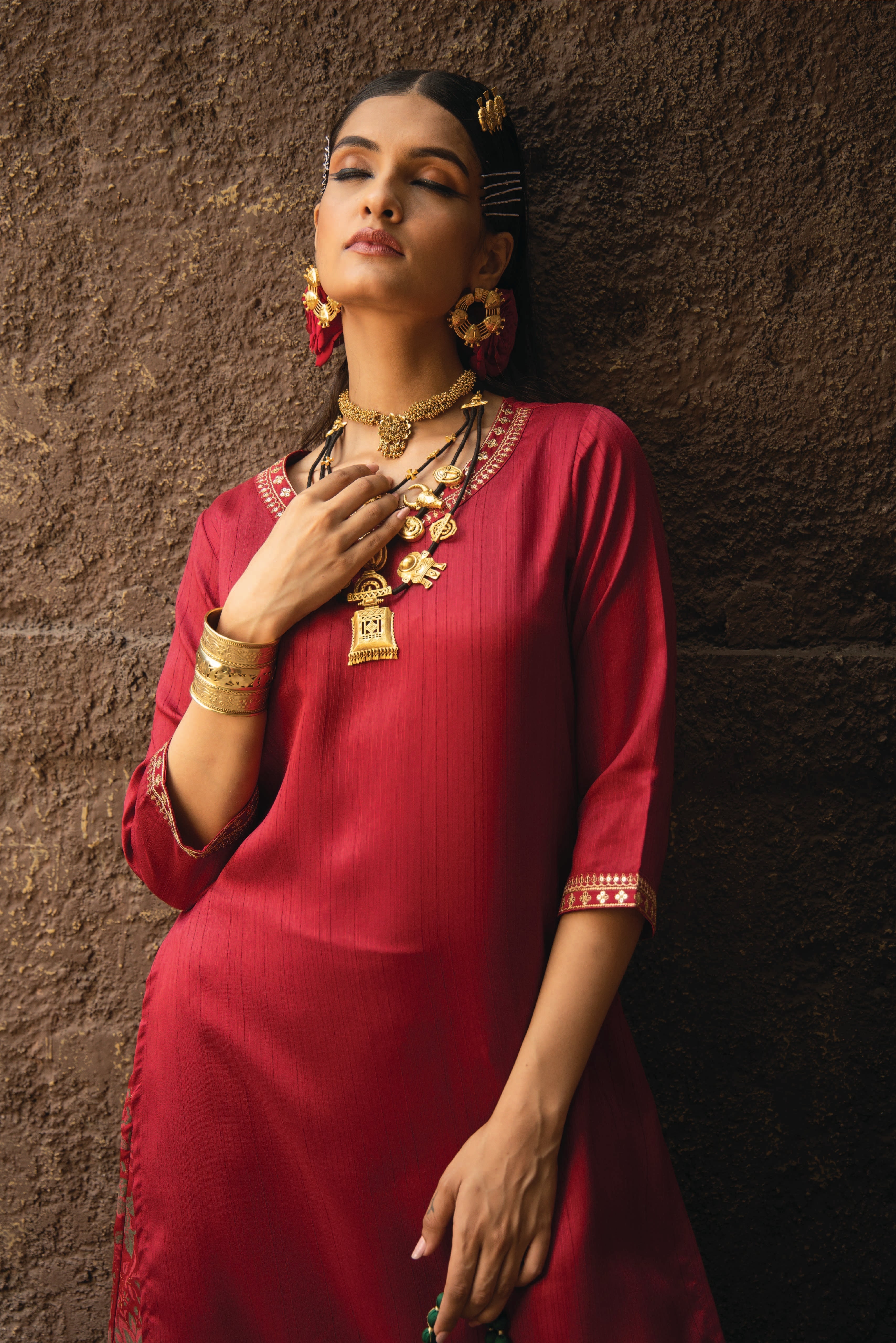 Juniper Maroon Satin Slub  Festive Printed Straight Kurta Suit Set For Women