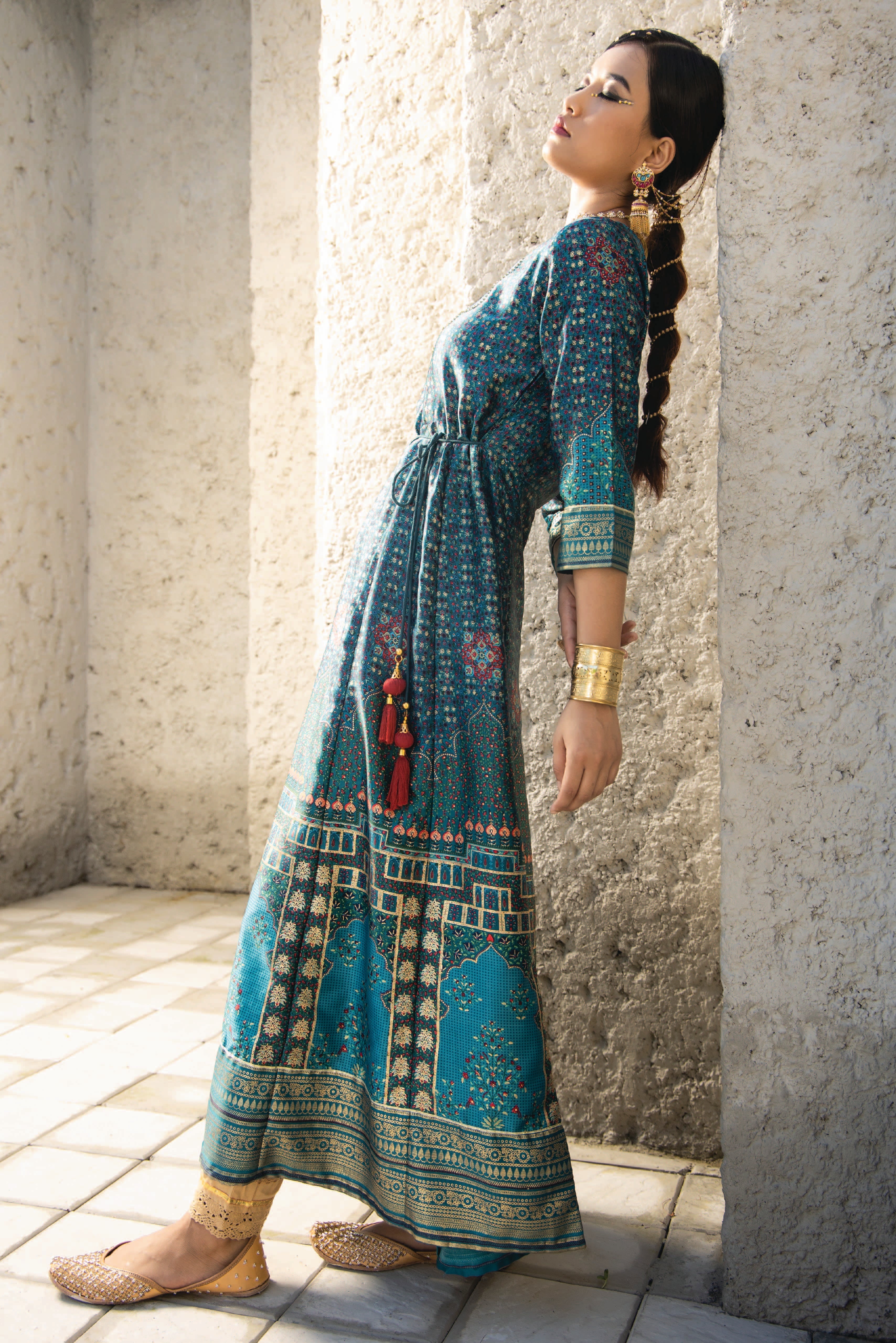 Juniper Teal Ethnic Motif Printed Satin Anarkali Dress with Bead Work