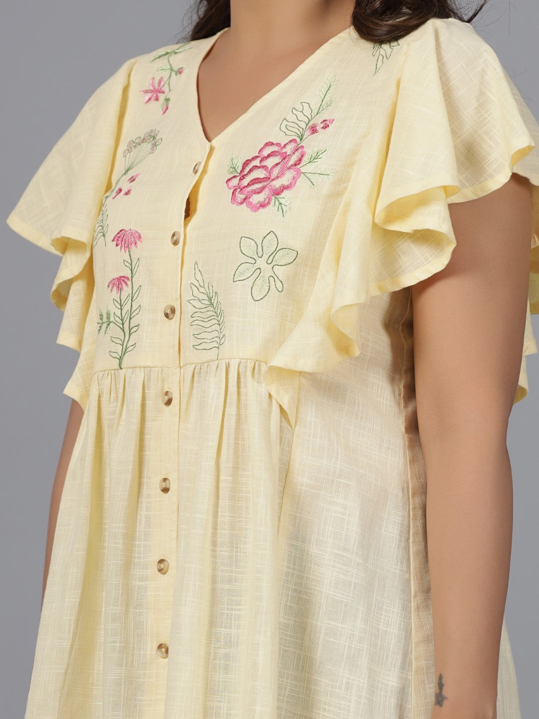 Juniper Women Yellow Cotton Slub Solid with Embroidered Tunic
