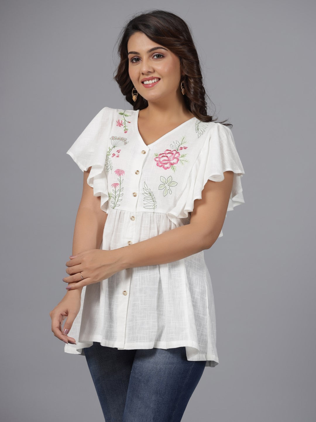 Juniper White Floral Printed Cotton Slub Tunic With Thread Embroidery