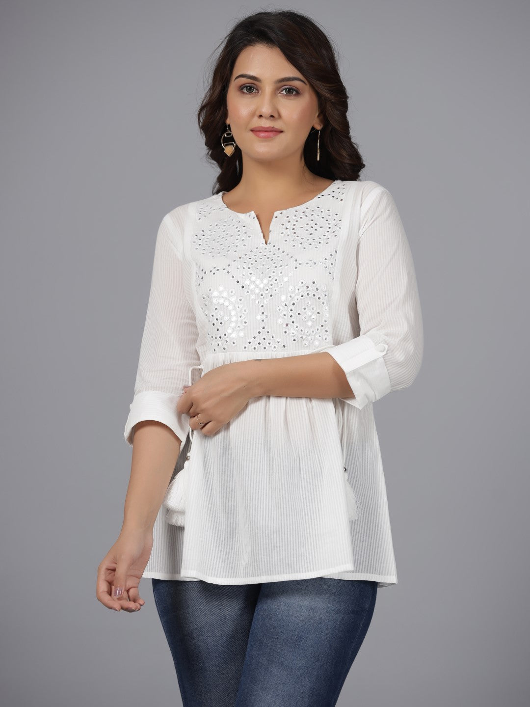 Juniper White Geometric Cotton Dobby Tunic With Mirror Work Embroidery.