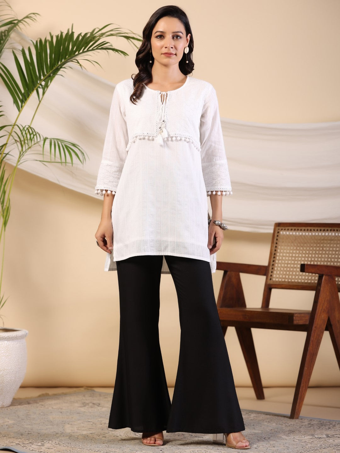Juniper White Dobby Cotton Tunic With Mirror Work Embroidery