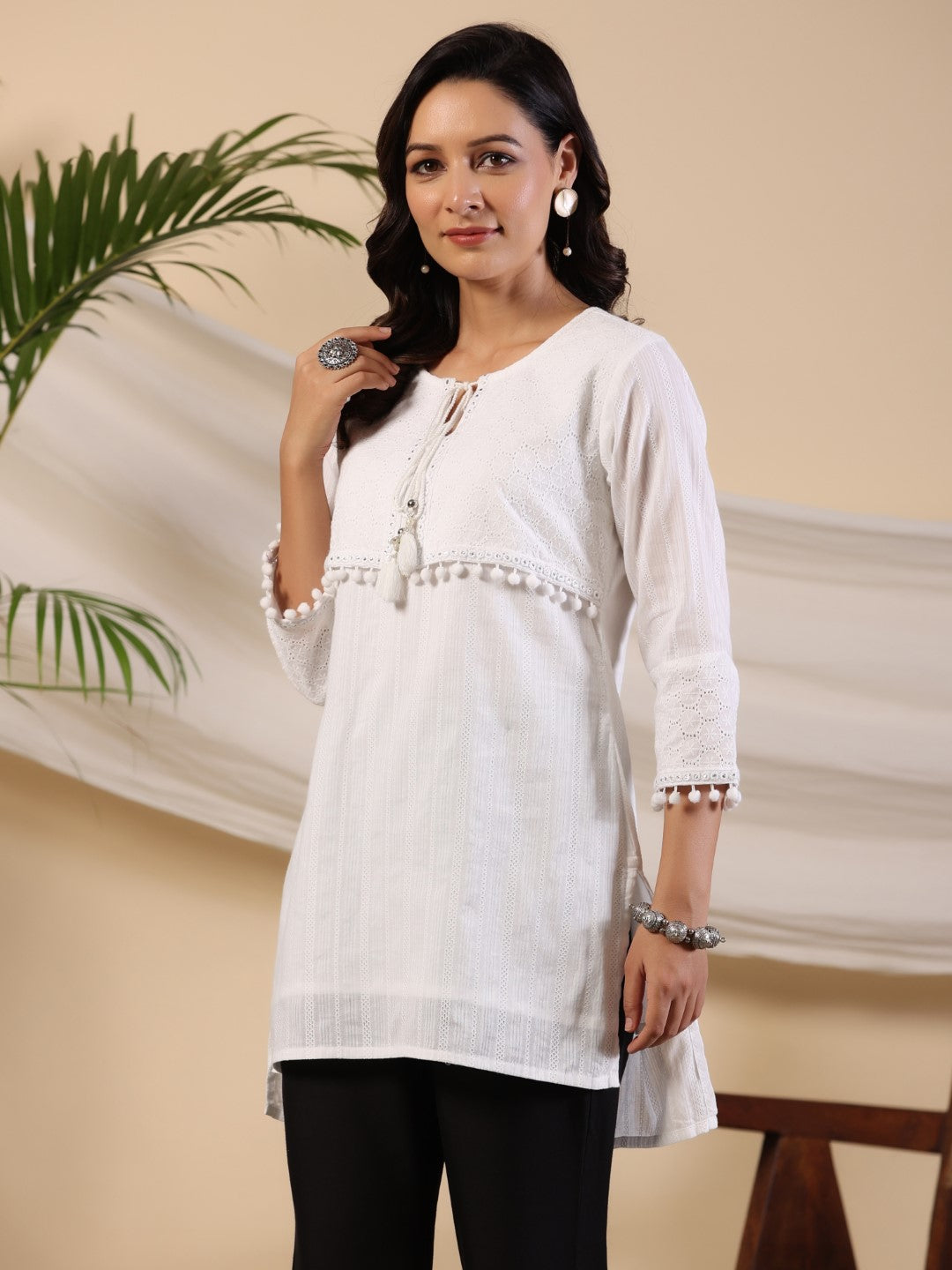 Juniper White Dobby Cotton Tunic With Mirror Work Embroidery