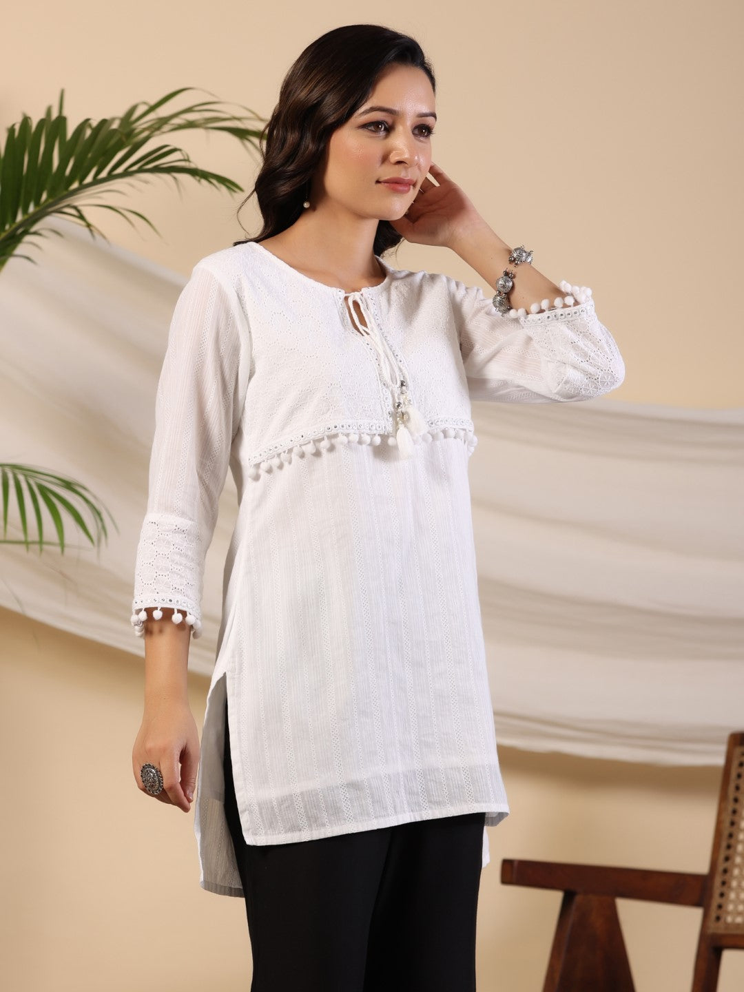 Juniper White Dobby Cotton Tunic With Mirror Work Embroidery