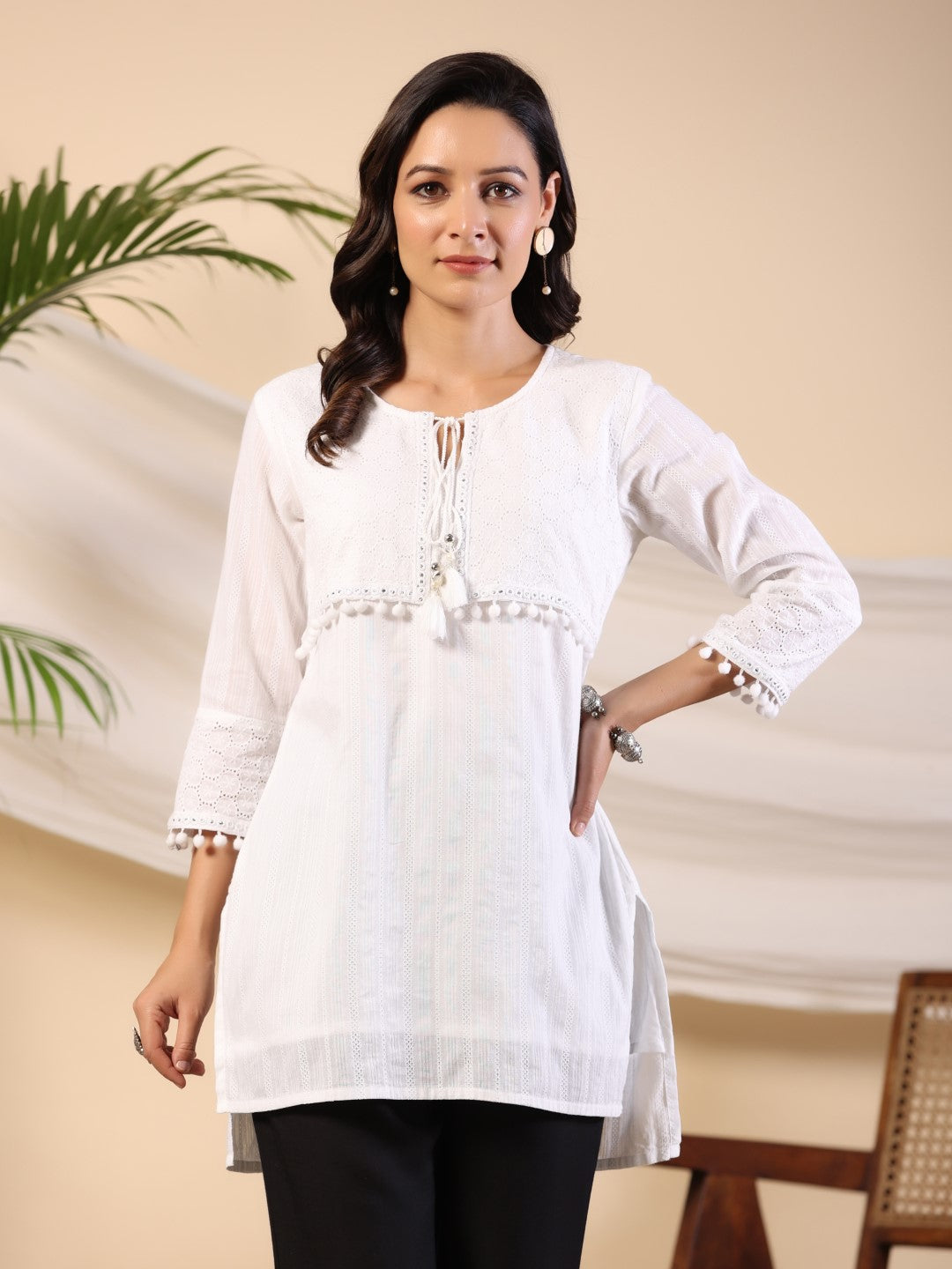 Juniper Women White Cotton Dobby Solid with Embroidery High-Low Tunic