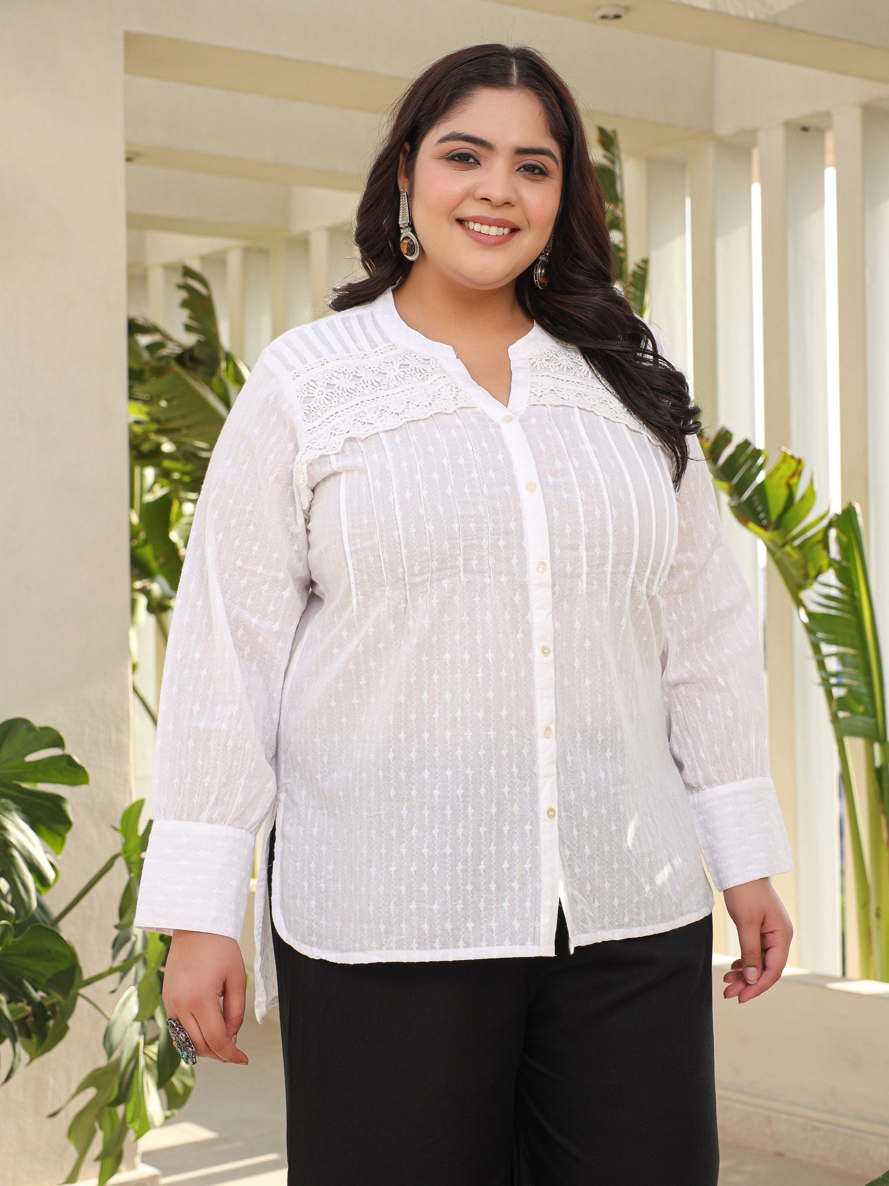 Juniper The Rooh Women White Solid Cotton Dobby High- Low Lacy Plus Size Tunic With Pin Tucks & Broad Cuffs