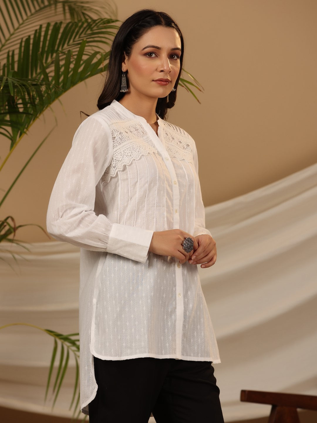 Juniper White Solid Cotton Dobby High- Low Lacy Tunic With Pin Tucks & Broad Cuffs