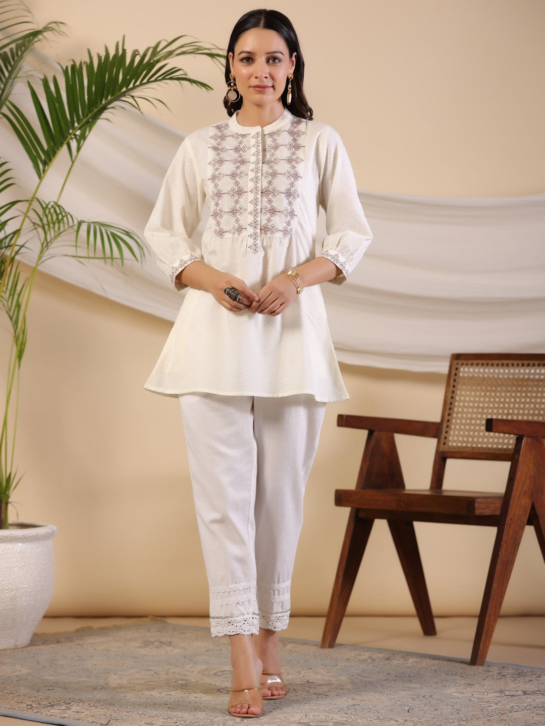 Juniper Women Off-White Cotton Dobby Solid with Embroidered A-Line Tunic