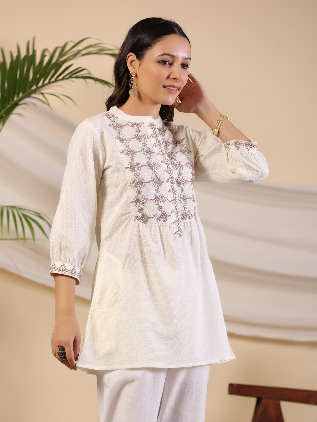 Juniper Women Off-White Cotton Dobby Solid with Embroidered A-Line Tunic