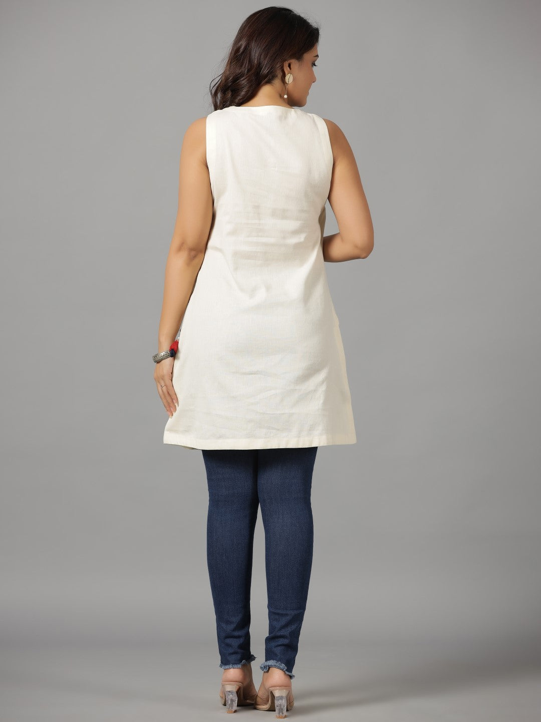 Juniper Off-White Solid With Embroidered Angrakha Cotton Flex Asymmetric Fusion Tunic With Side Tie-Ups