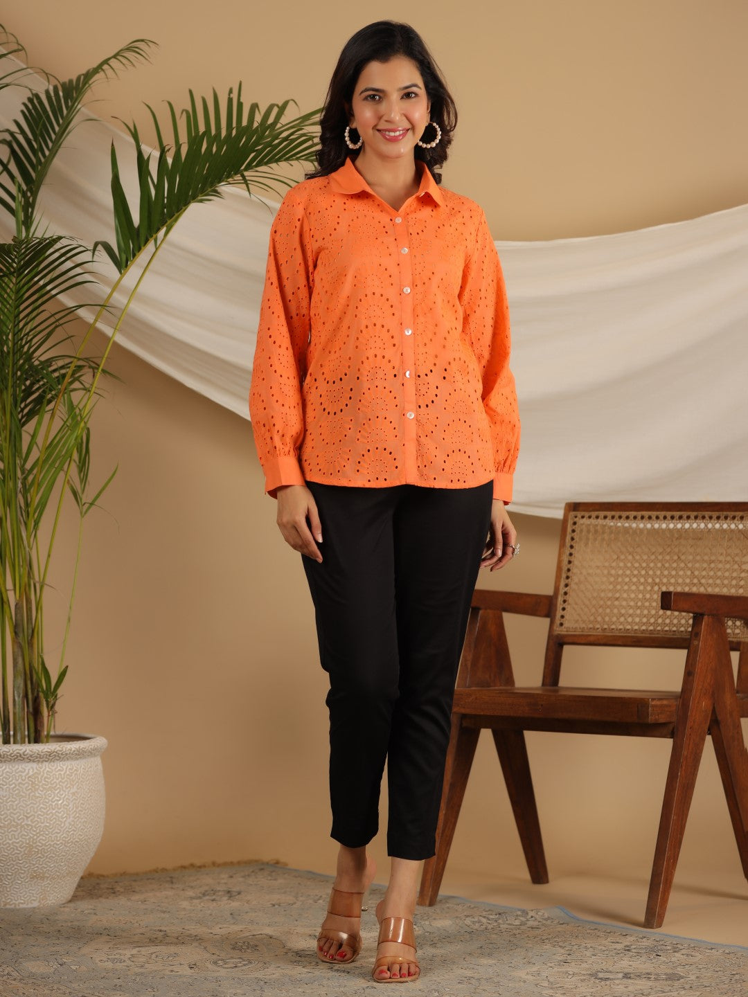 Juniper Women Orange Cotton Schiffli Solid Shirt