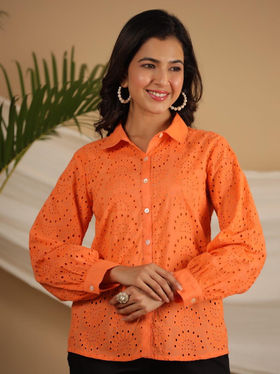 Juniper Women Orange Cotton Schiffli Solid Shirt