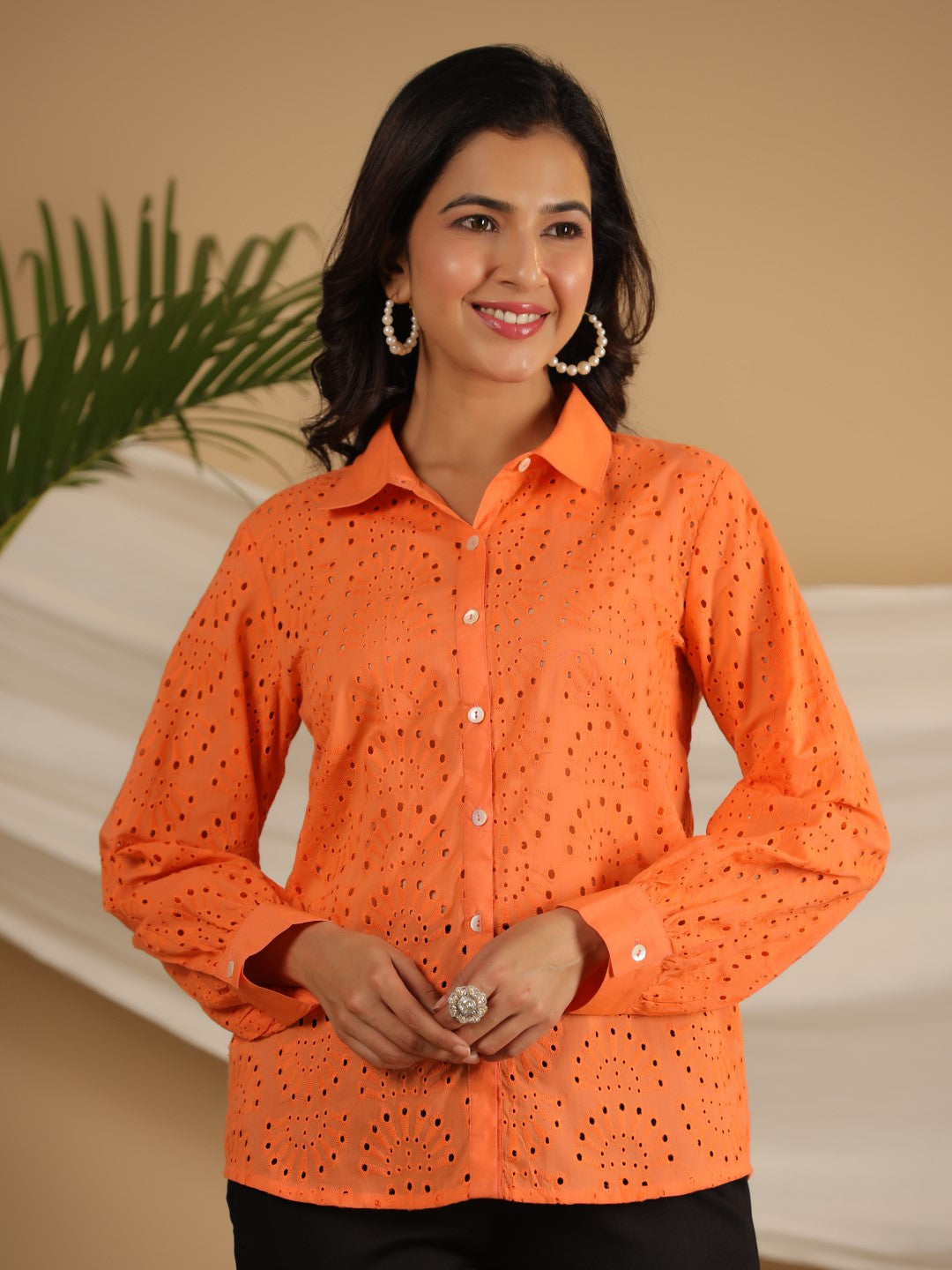 Juniper Orange Cotton Schiffli Women Solid Shirt With Broad Cuff