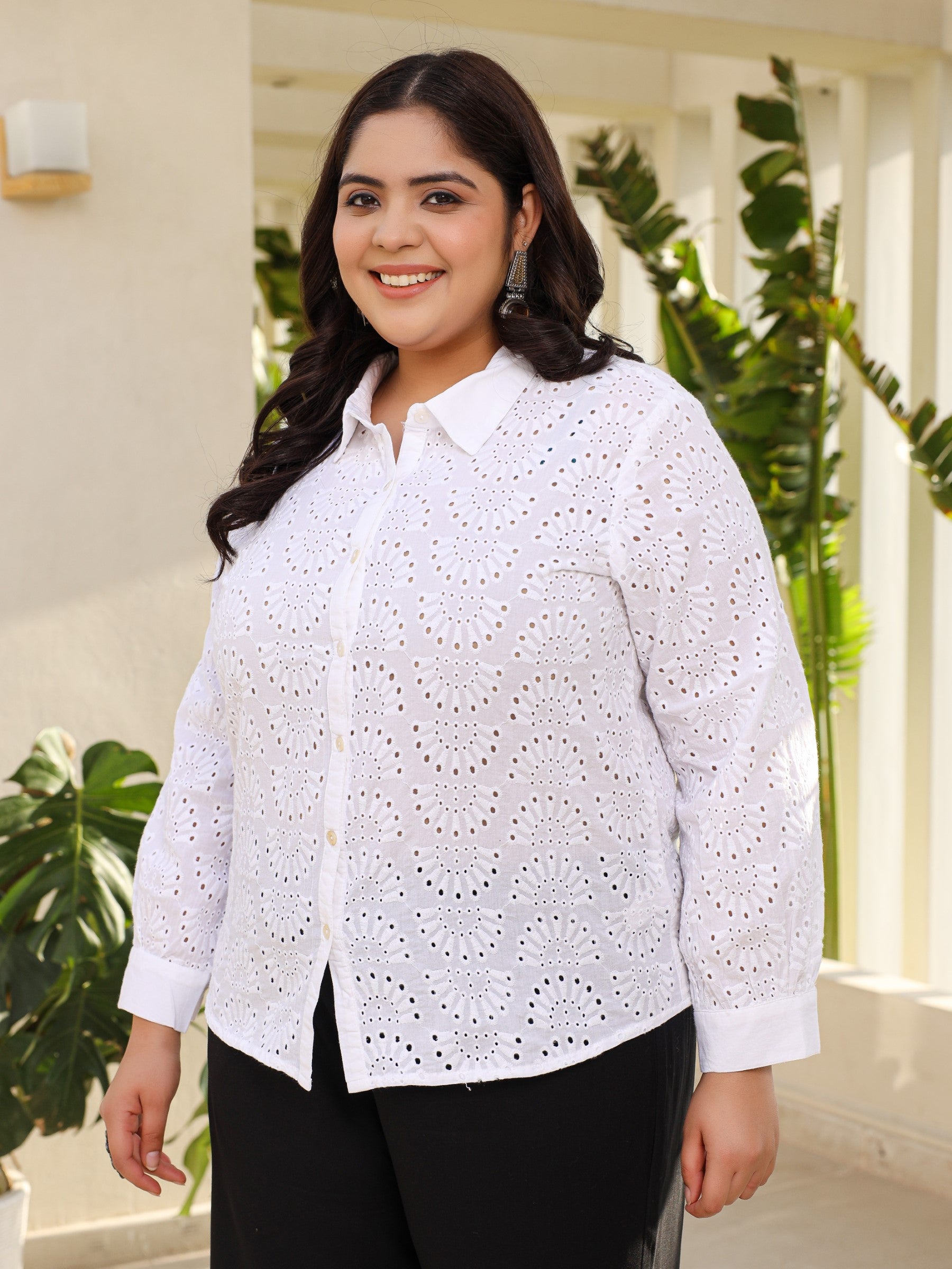 White Cotton Schiffli Women Solid Plus Size Shirt With Broad Cuff