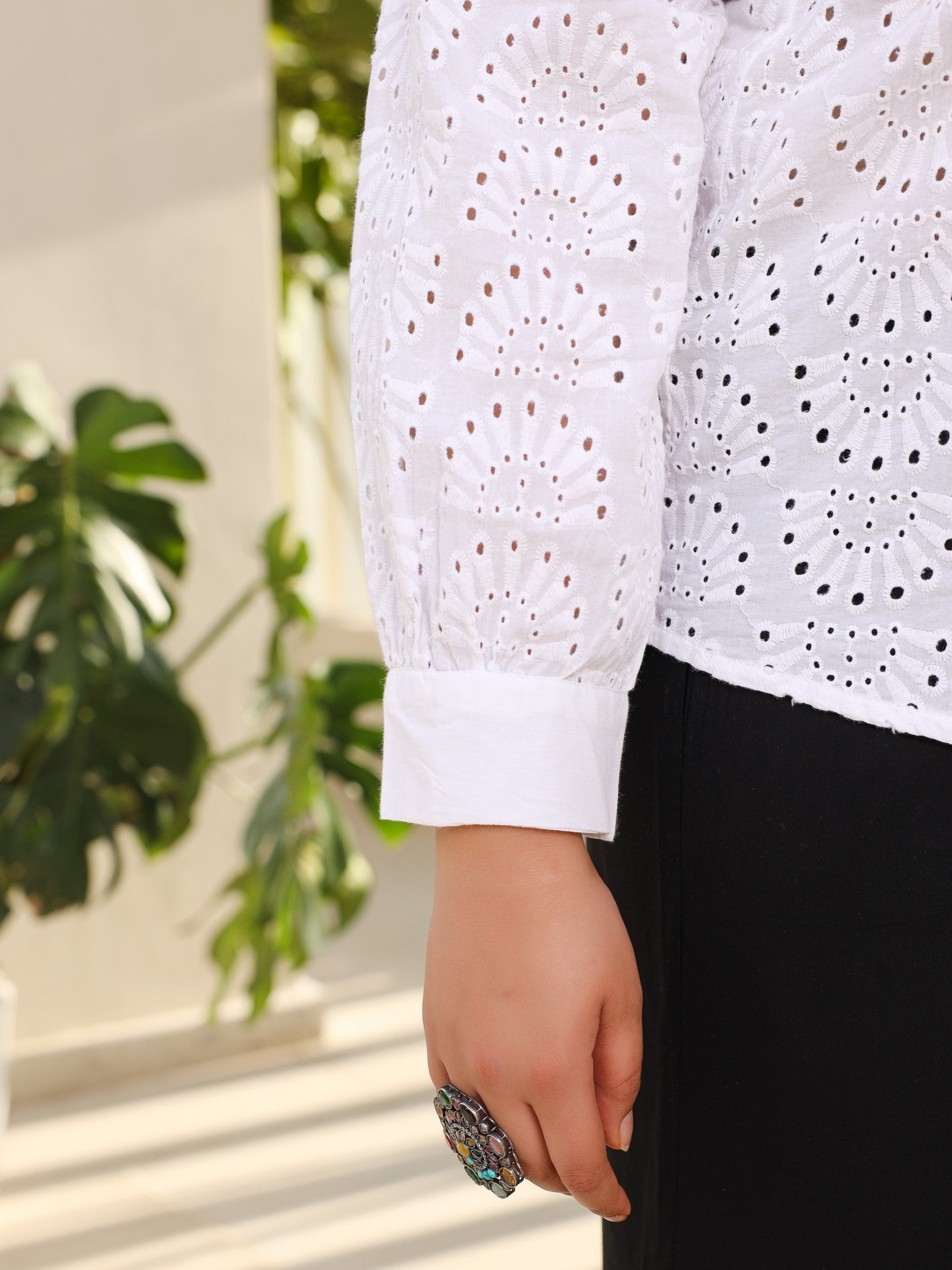 White Cotton Schiffli Women Solid Plus Size Shirt With Broad Cuff