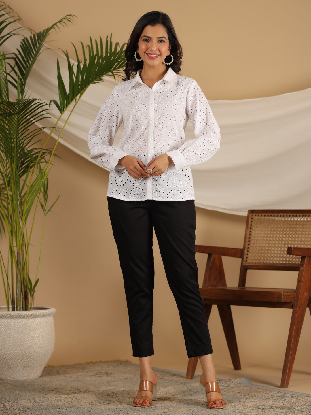 Juniper White Cotton Schiffli Women Solid Button-Up Design Shirt With Broad Cuff