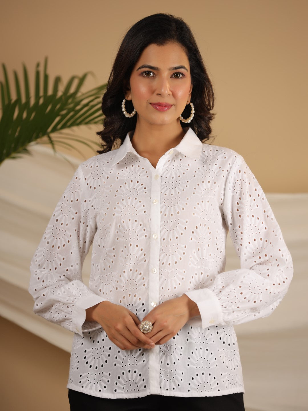 Juniper White Cotton Schiffli Women Solid Button-Up Design Shirt With Broad Cuff